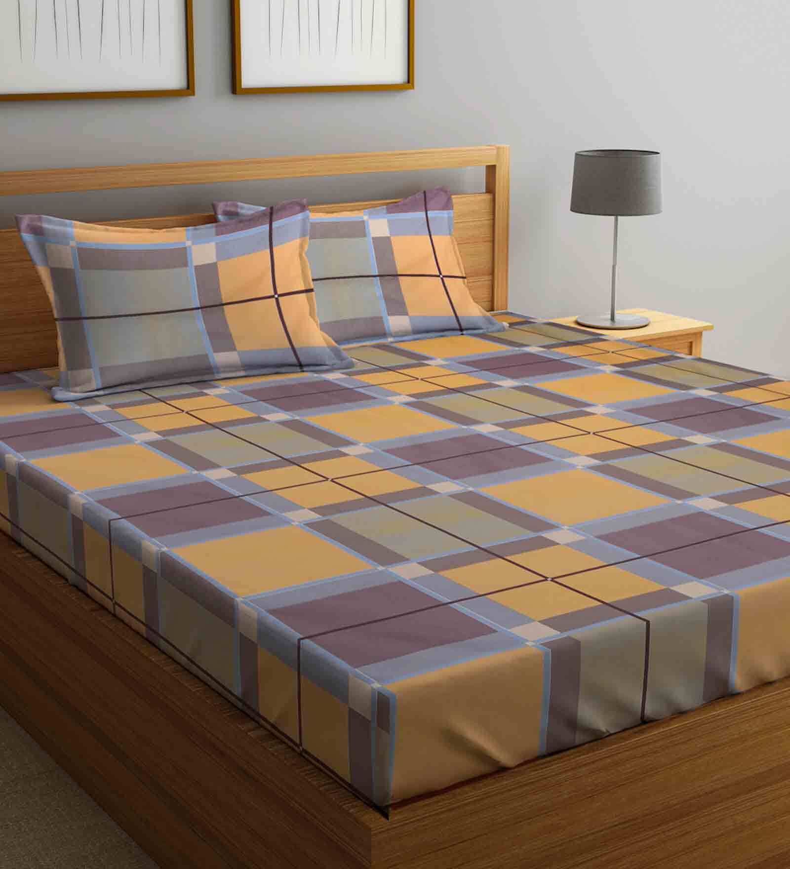 Multicolor Checkered 210 TC Poly Cotton King Sized Bed Sheets with 2 Pillow Covers