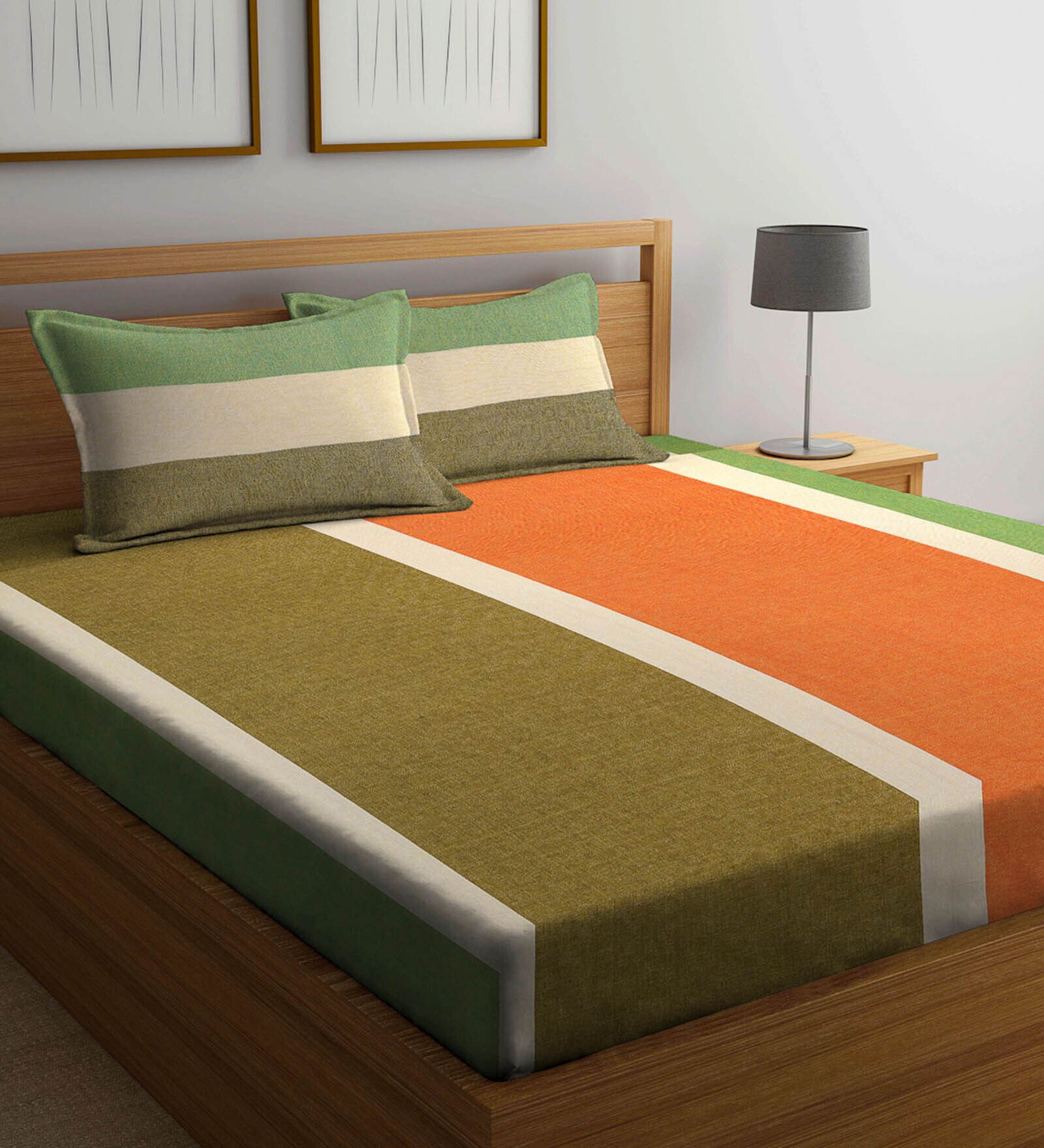 Buy Multicolor Striped TC 300 100 Cotton Queen Size Bedsheet with 2