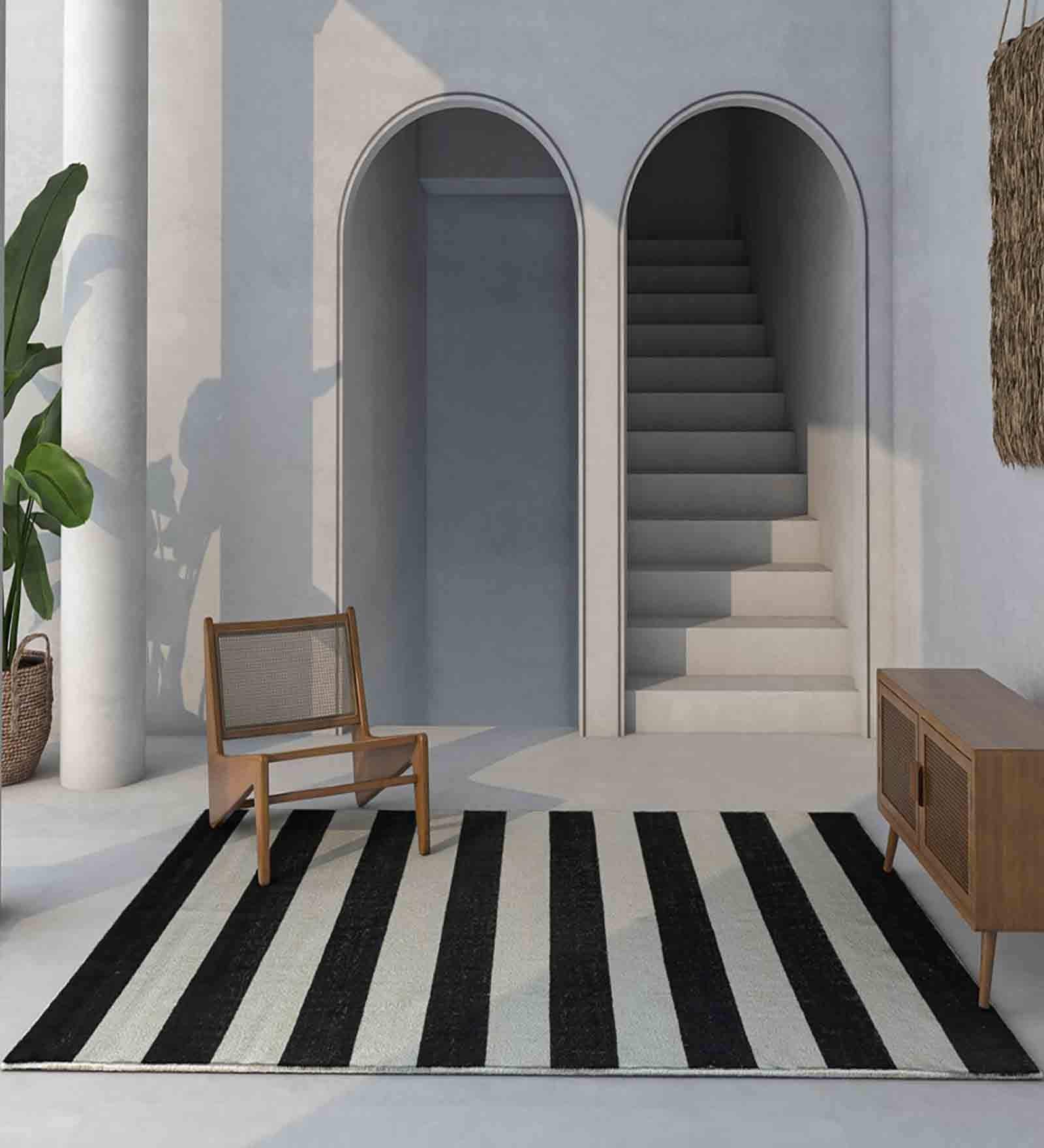 Black and White Striped Wool 4 ft X 6 ft Hand Woven Dhurrie
