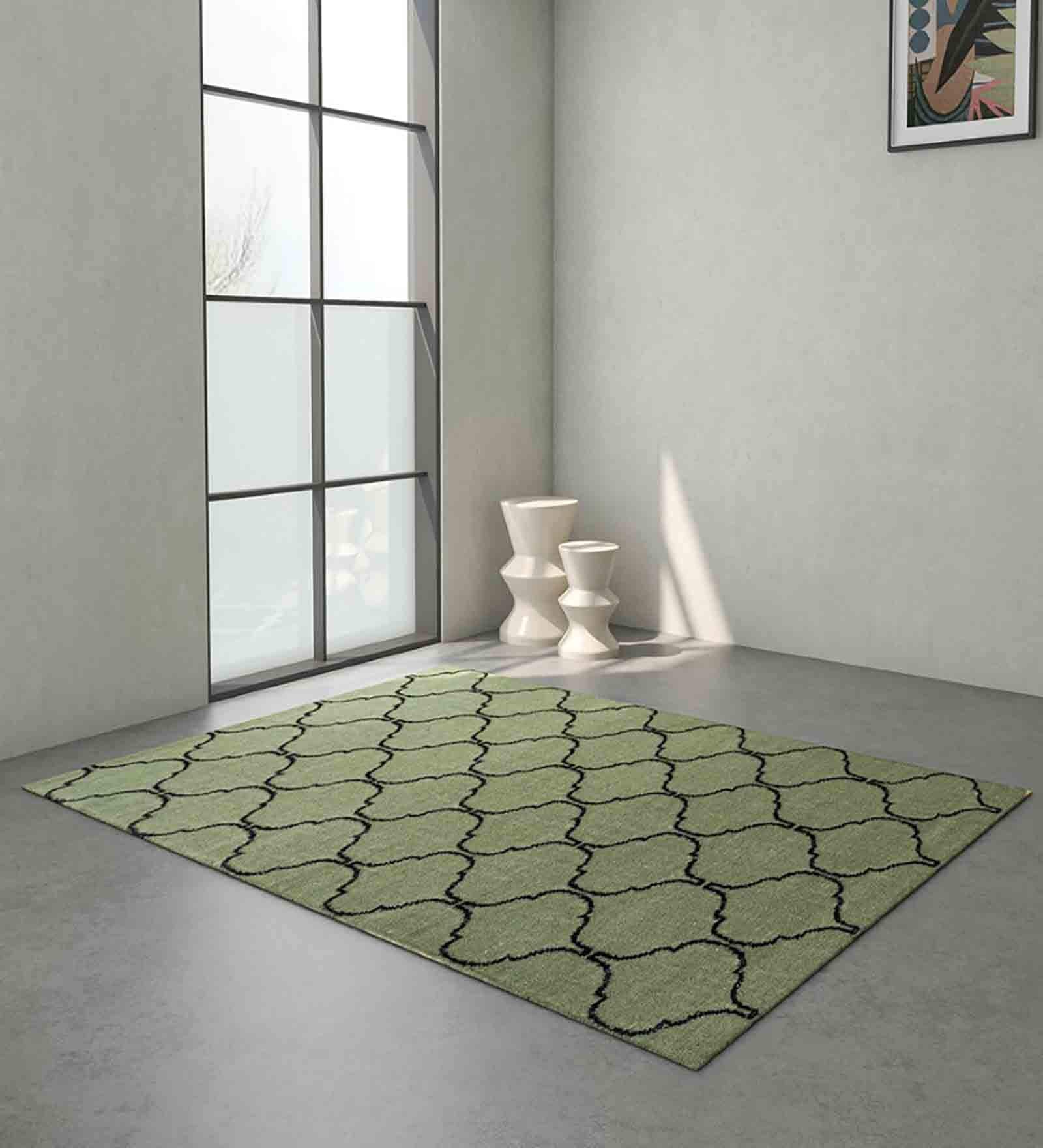 Green Geometric Wool 5 ft X 8 ft Hand Woven Dhurrie