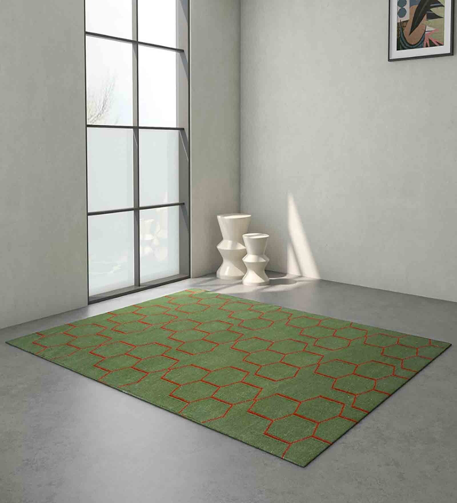 Green Geometric Wool 5 ft X 8 ft Hand Woven Dhurrie