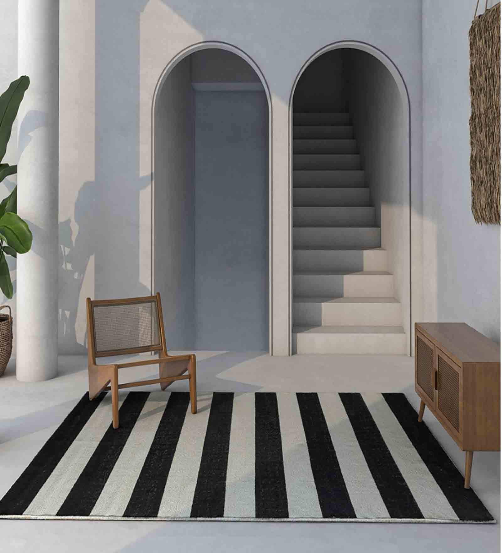 Black and White Striped Wool 5 ft X 8 ft Hand Woven Dhurrie