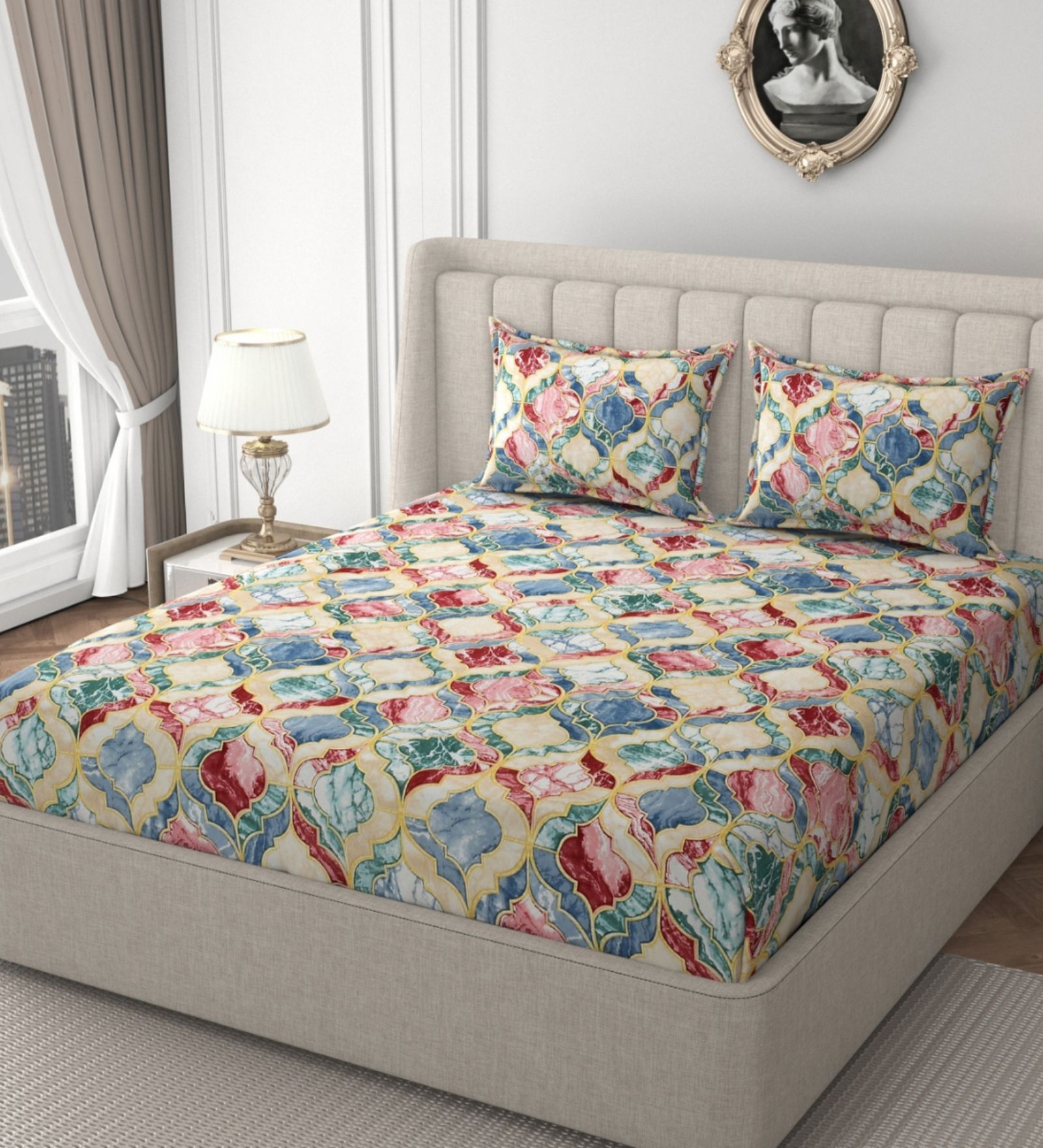 Multicolor Glace Cotton Floral Print Elastic Fitted King Bedsheet With 2 Pillow Covers