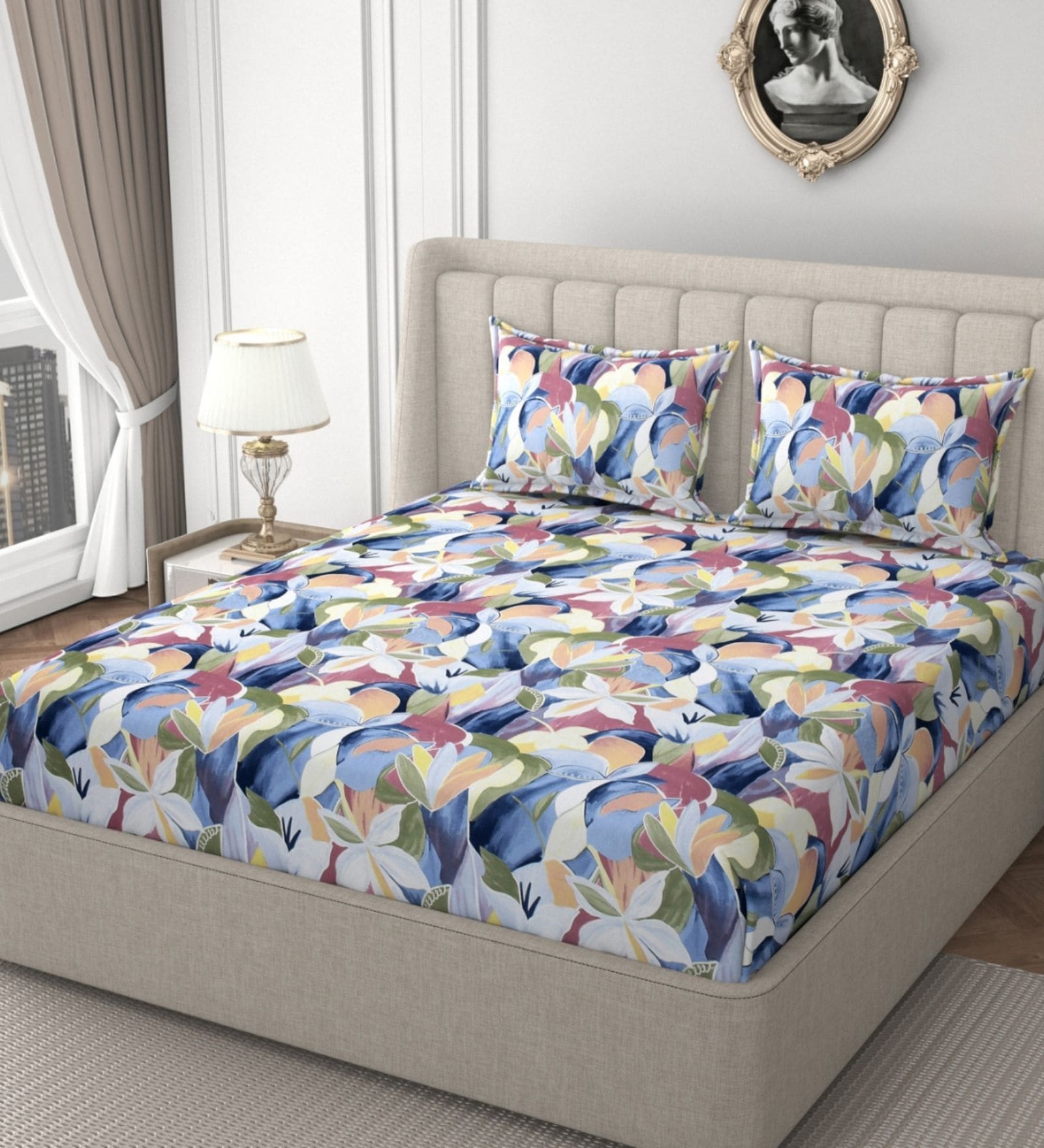Multicolor Glace Cotton Floral Print Elastic Fitted King Bedsheet With 2 Pillow Covers