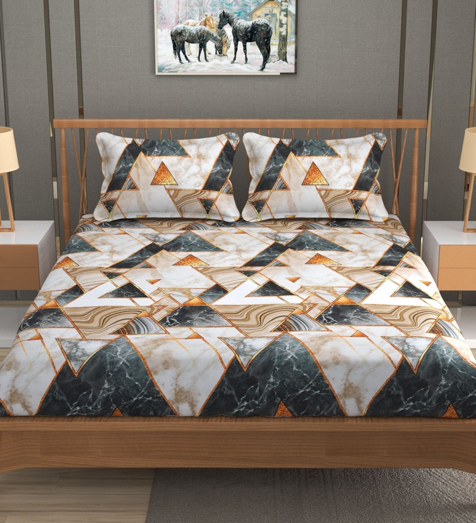 Multicolor Glace Cotton Geometric Print Elastic Fitted King Bedsheet With 2 Pillow Covers