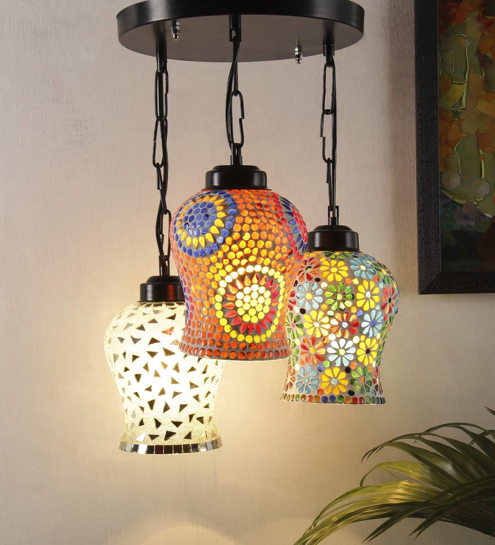 Multicolor Glass 3 Light Cluster Hanging Lamp