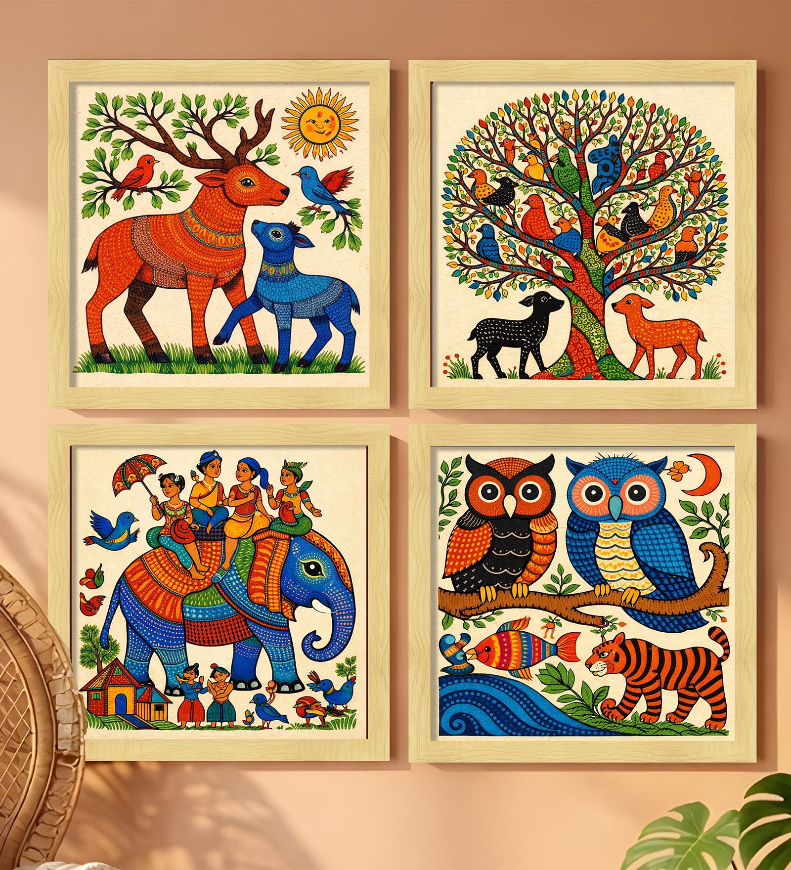 Multicolor Gond Nature Set of 4 Framed Posters