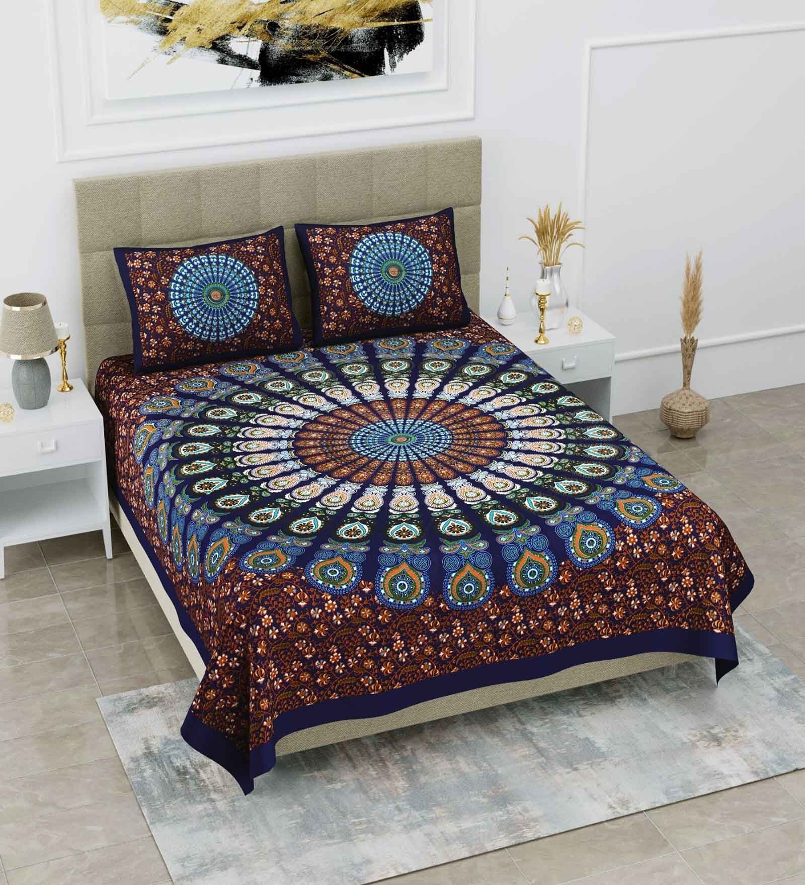 Multicolor Traditional 120 TC Cotton Queen Sized Bedsheet with 2 Pillow Cover