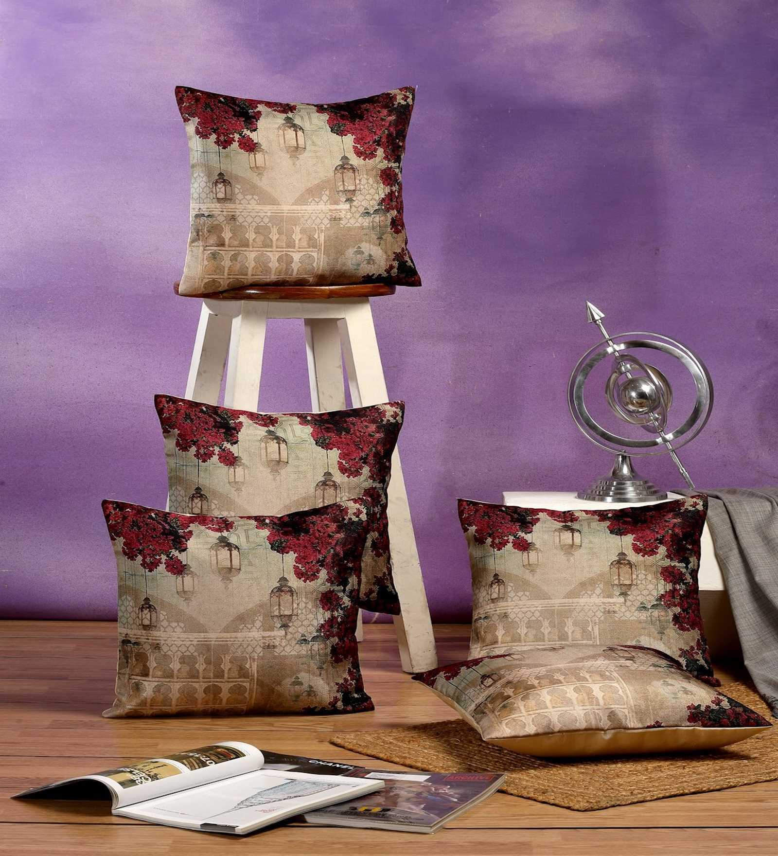 Multicolor Jute Floral 16x16 inches Cushion Covers (Pack of 5)