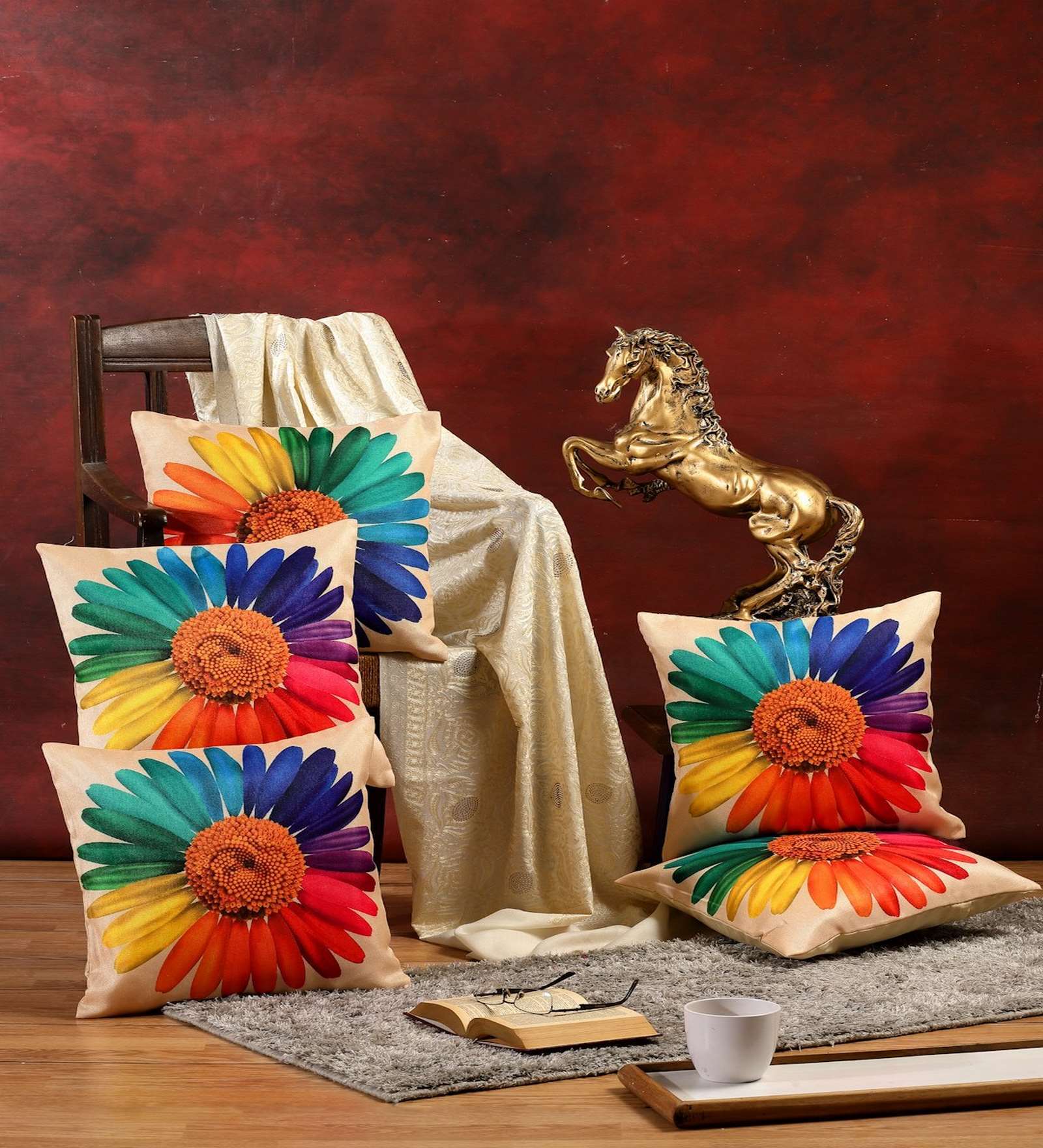 Multicolor Jute Floral 16x16 inches Cushion Covers (Pack of 5)