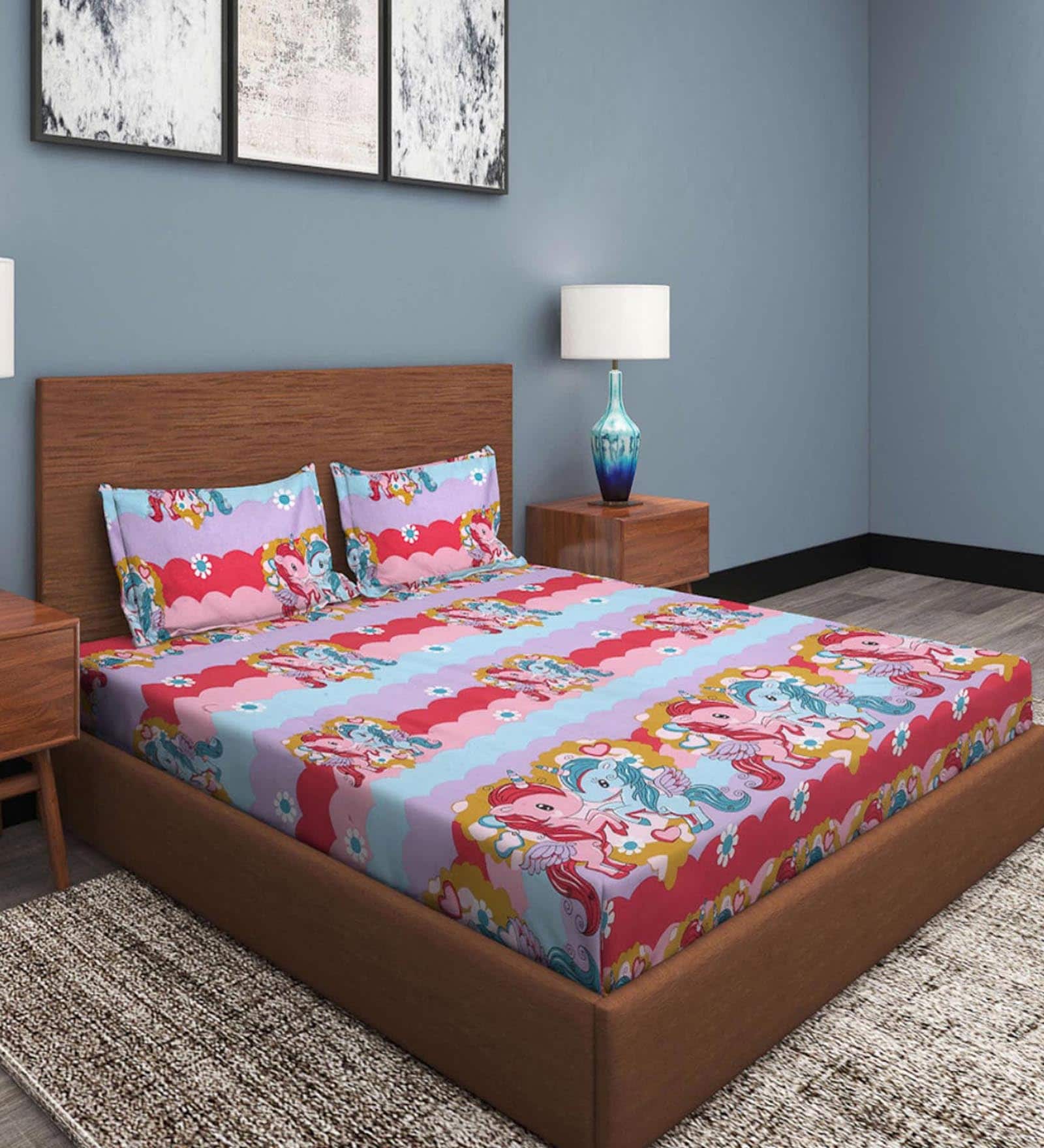 Multicolor Kids 300 TC Poly Cotton King Sized Bedsheets With 2 Pillow Covers