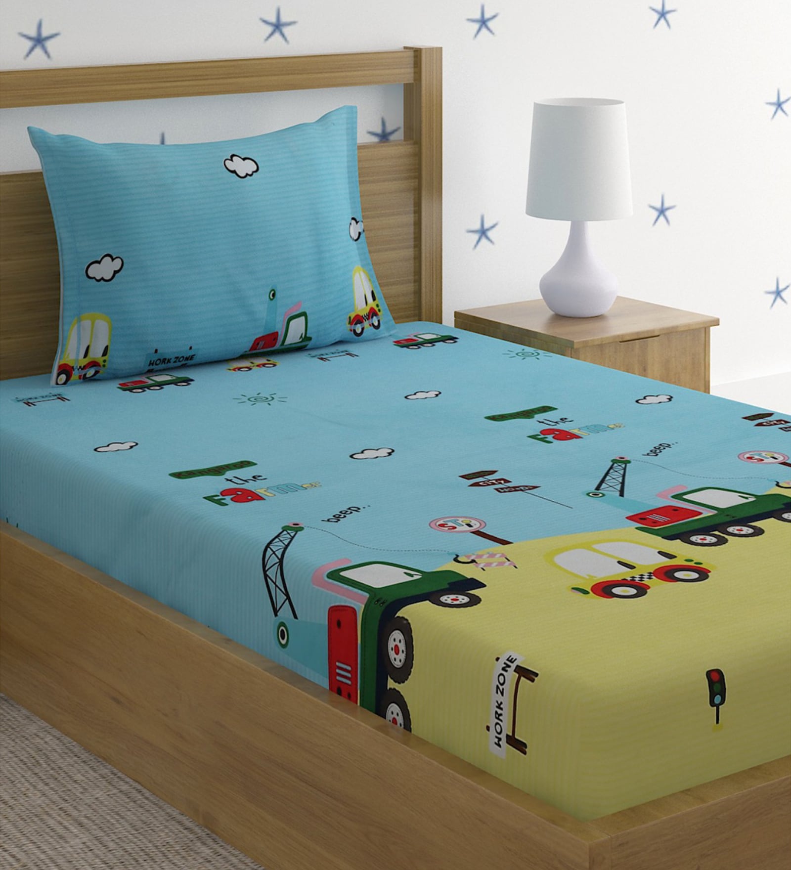 Sky Blue & Yellow Cartoon Printed 220 TC Poly Cotton Single Size Bedsheet With 1 Pillow Covers