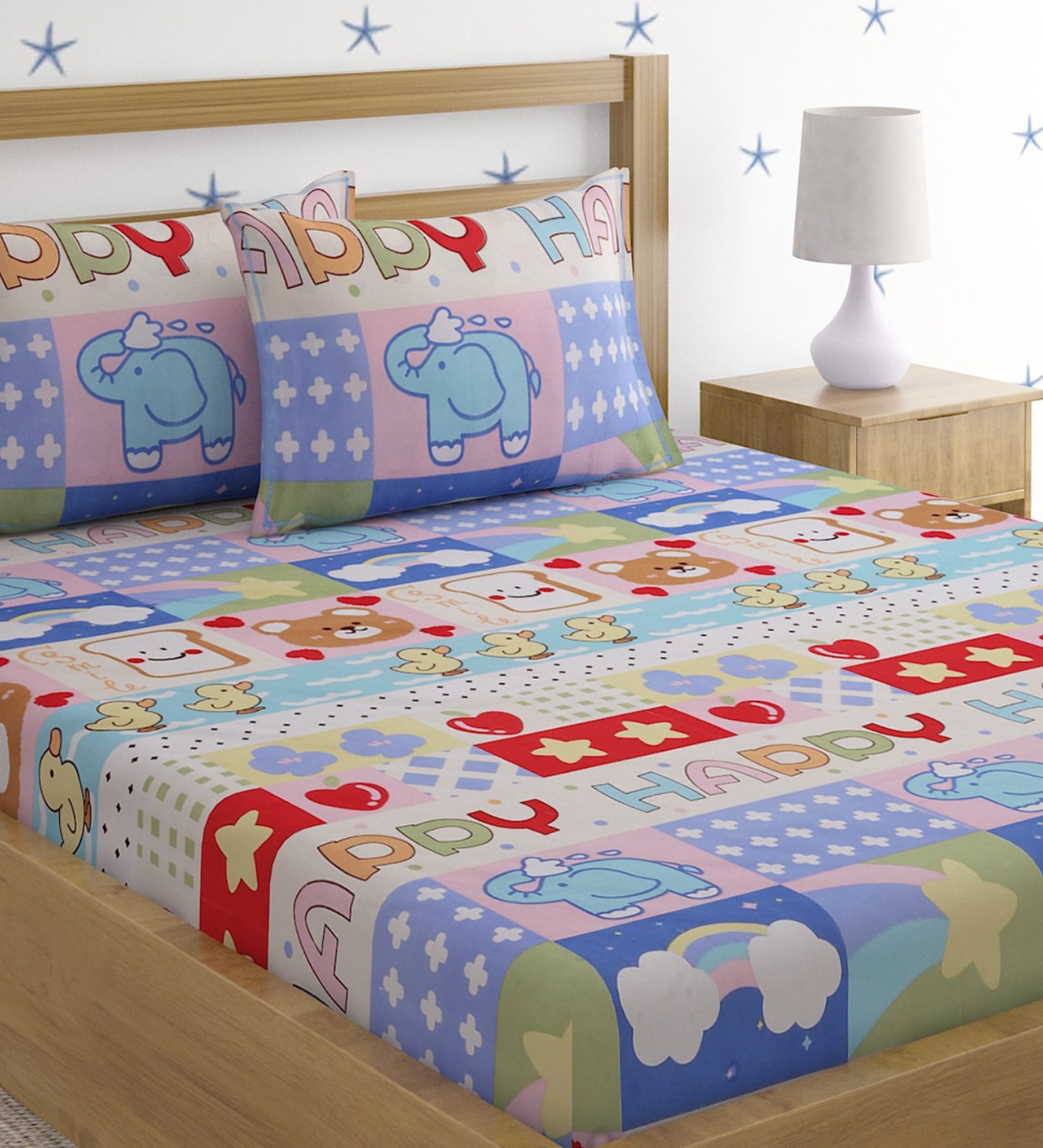 Multicolor Kids TC 220 Poly Cotton Kids Bed Sheet With 2 Pillow Covers