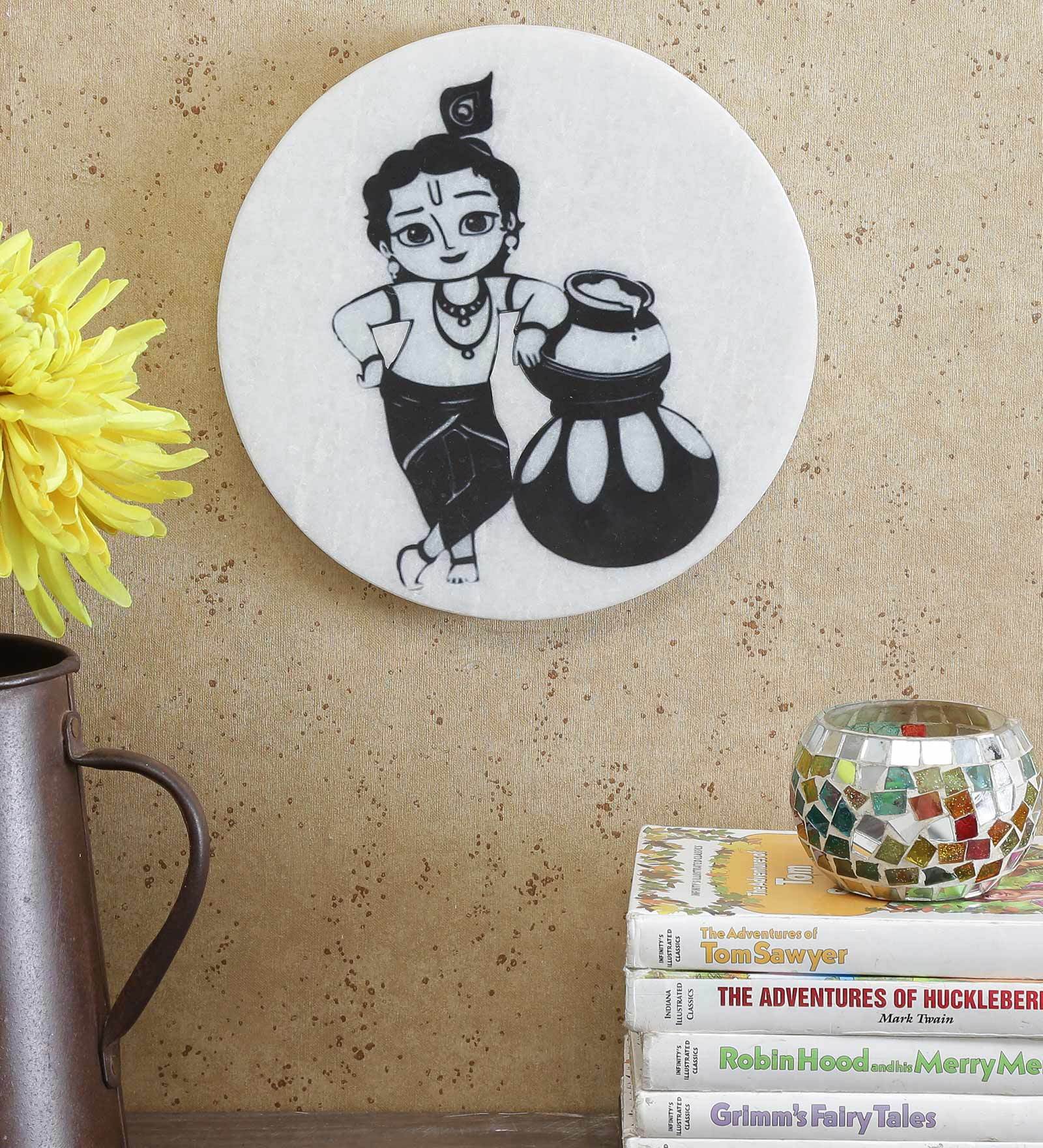 Multicolor Marble Bal Krishna With Makhan Matki Painting On Marble Round Tile