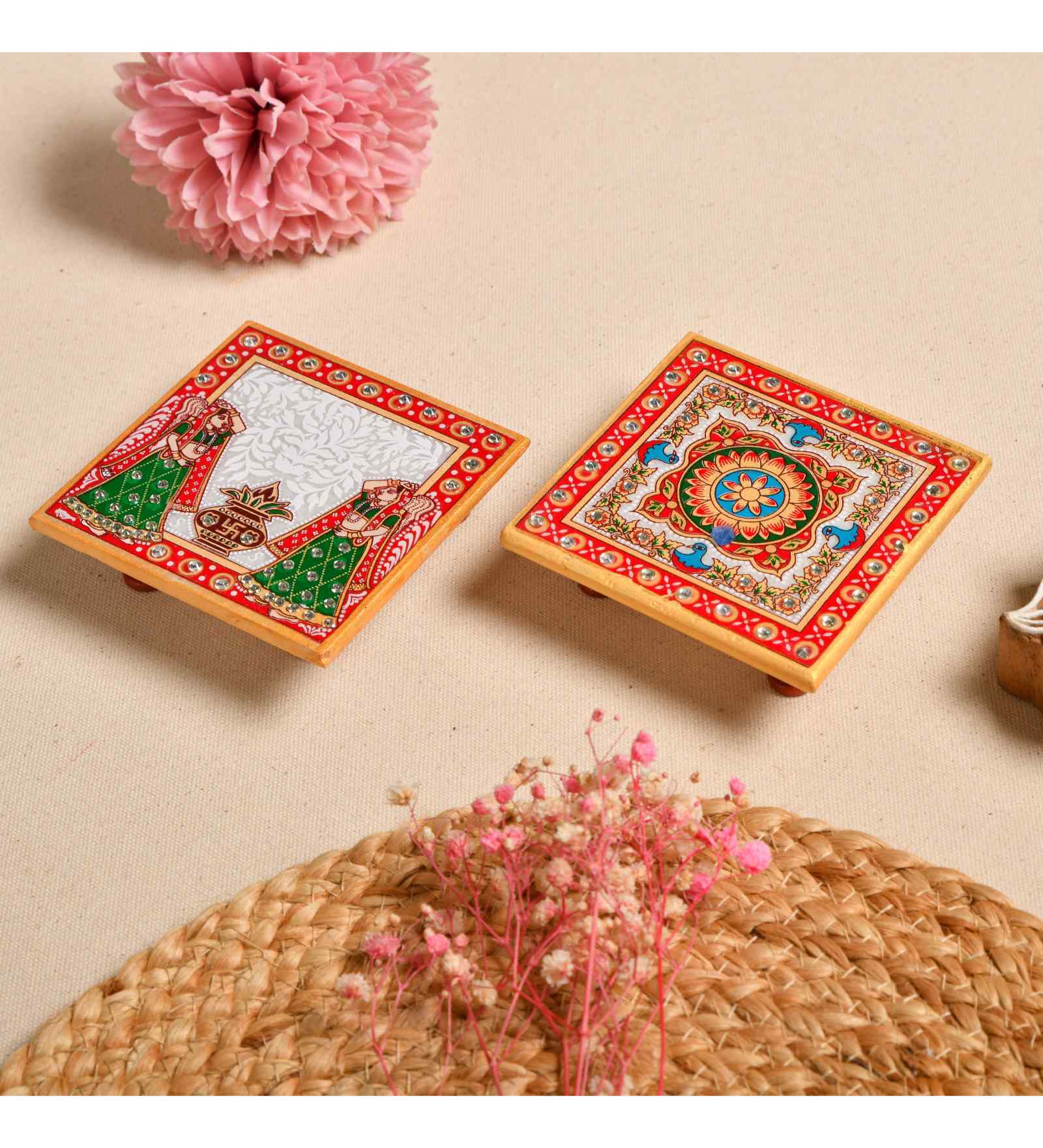 Multicolor Marble Puja Chowki for God Idols (Pack of 2)