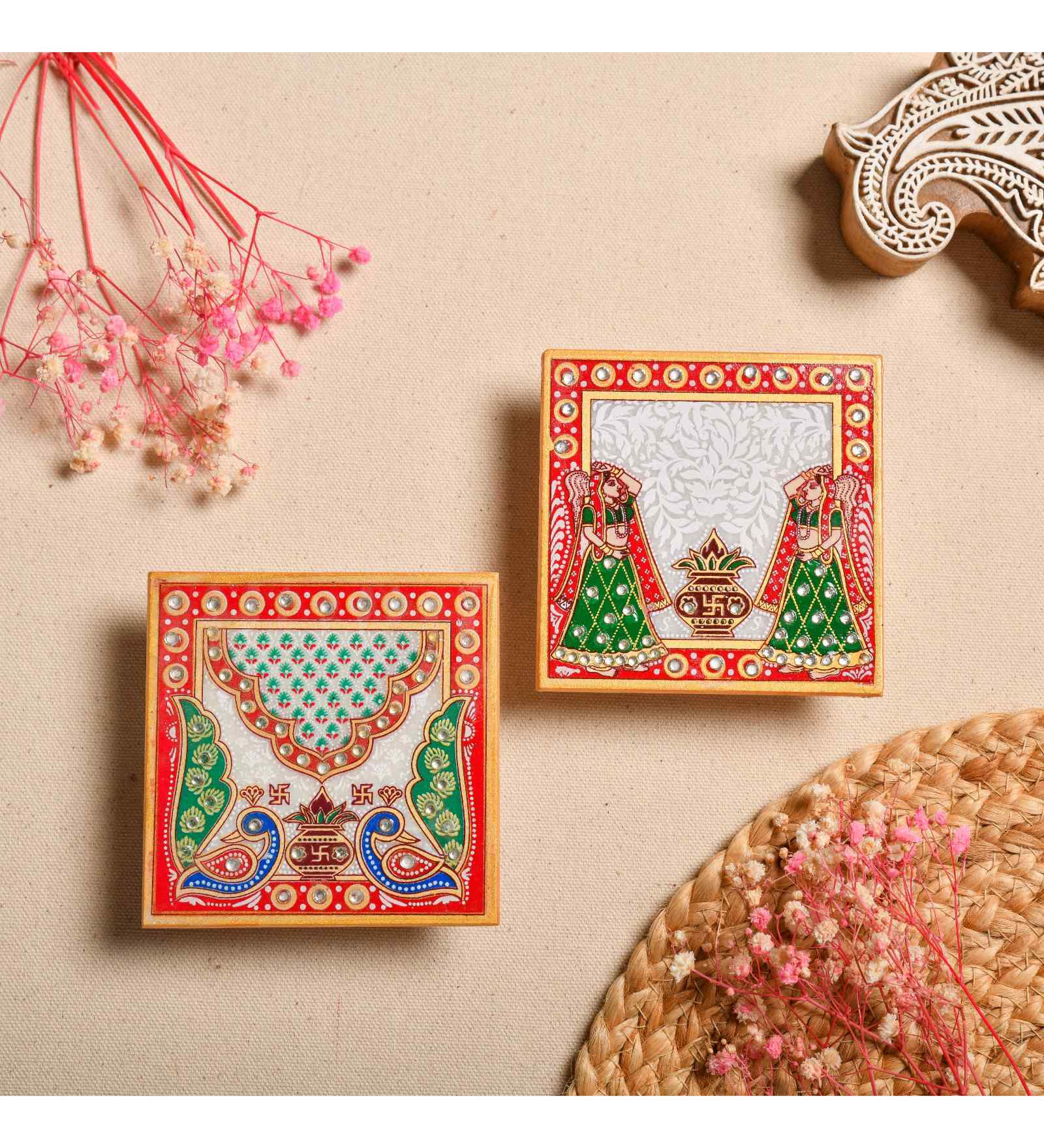 Multicolor Marble Puja Chowki for God Idols (Pack of 2)