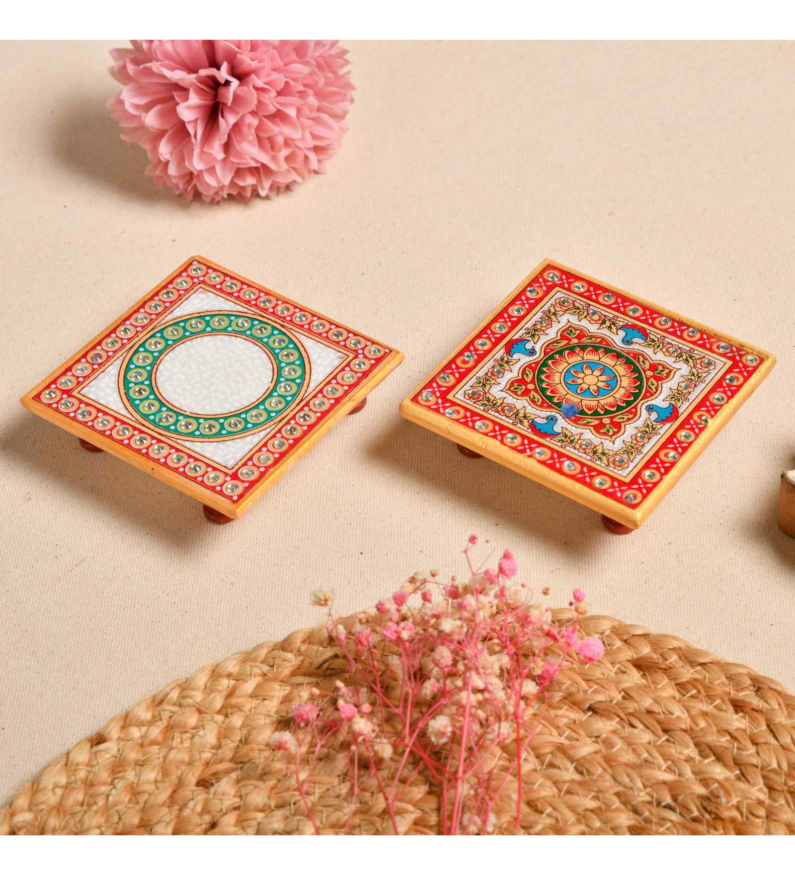 Multicolor Marble Puja Chowki for God Idols (Pack of 2)
