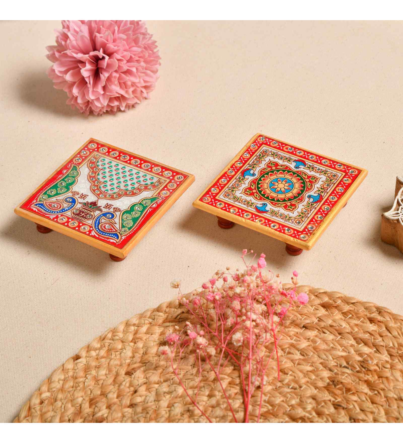 Pack of 2 Multicolor Marble Puja Chowkies for God Idol)