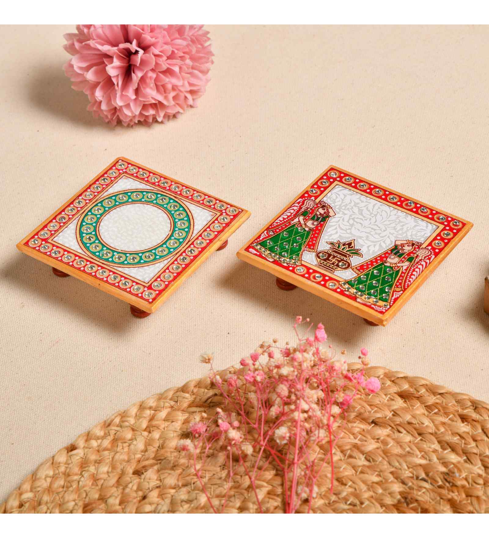 Multicolor Marble Puja Chowki for God Idols (Pack of 2)