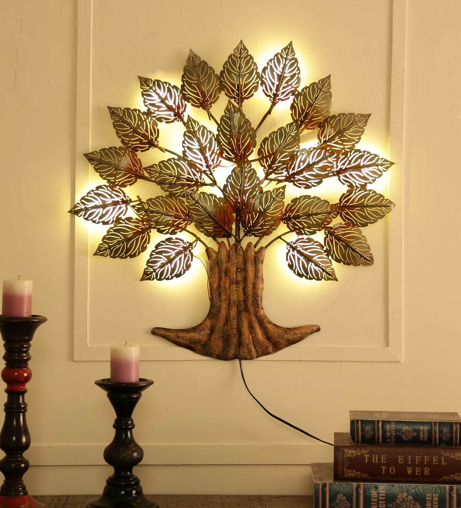 Iron Decorative Tree Metal Wall Art With LED In Brown
