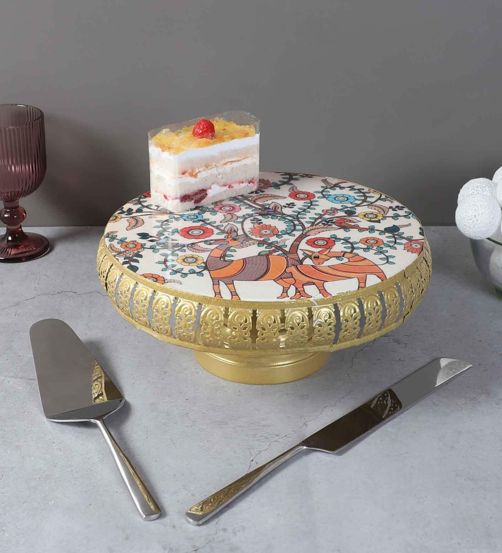 Multicolor Metal Cake Platter WIth Knife & Server