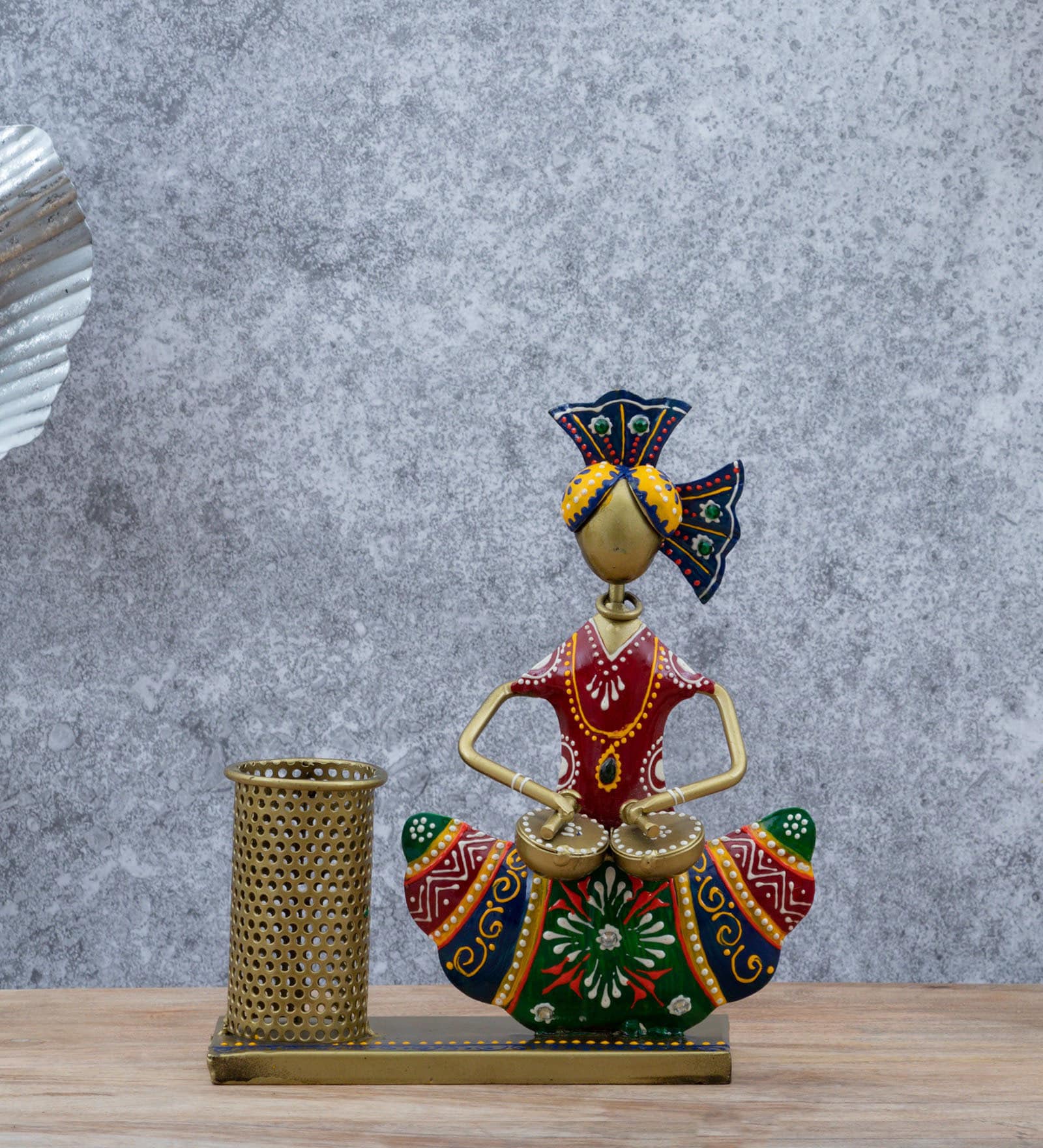 Multicolor Metal Handpainted Decorative Lady Musician Showpiece Pen Stand