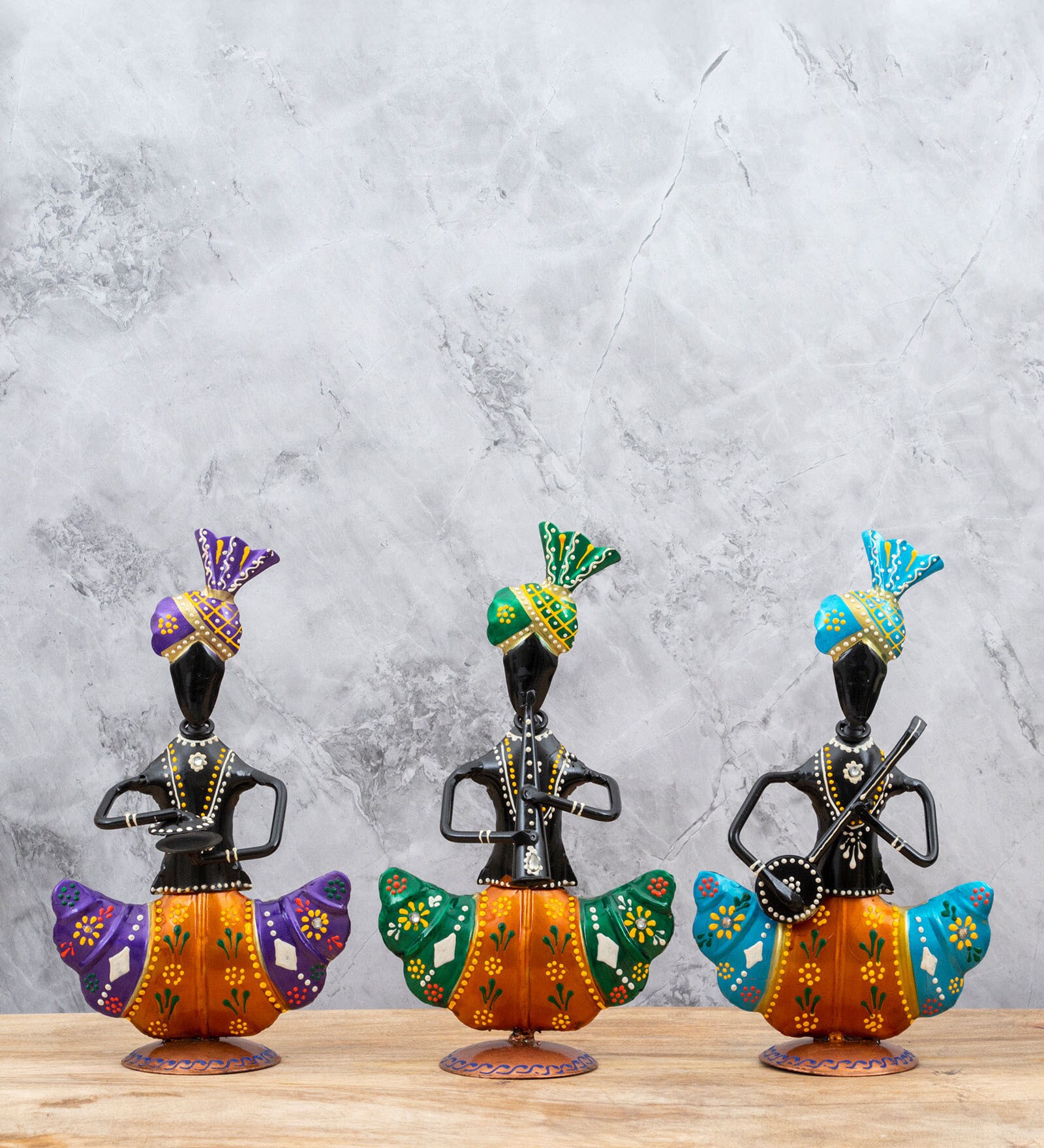 Multicolor Metal Handpainted Decorative Set of  3 Sardar Musician Showpiece