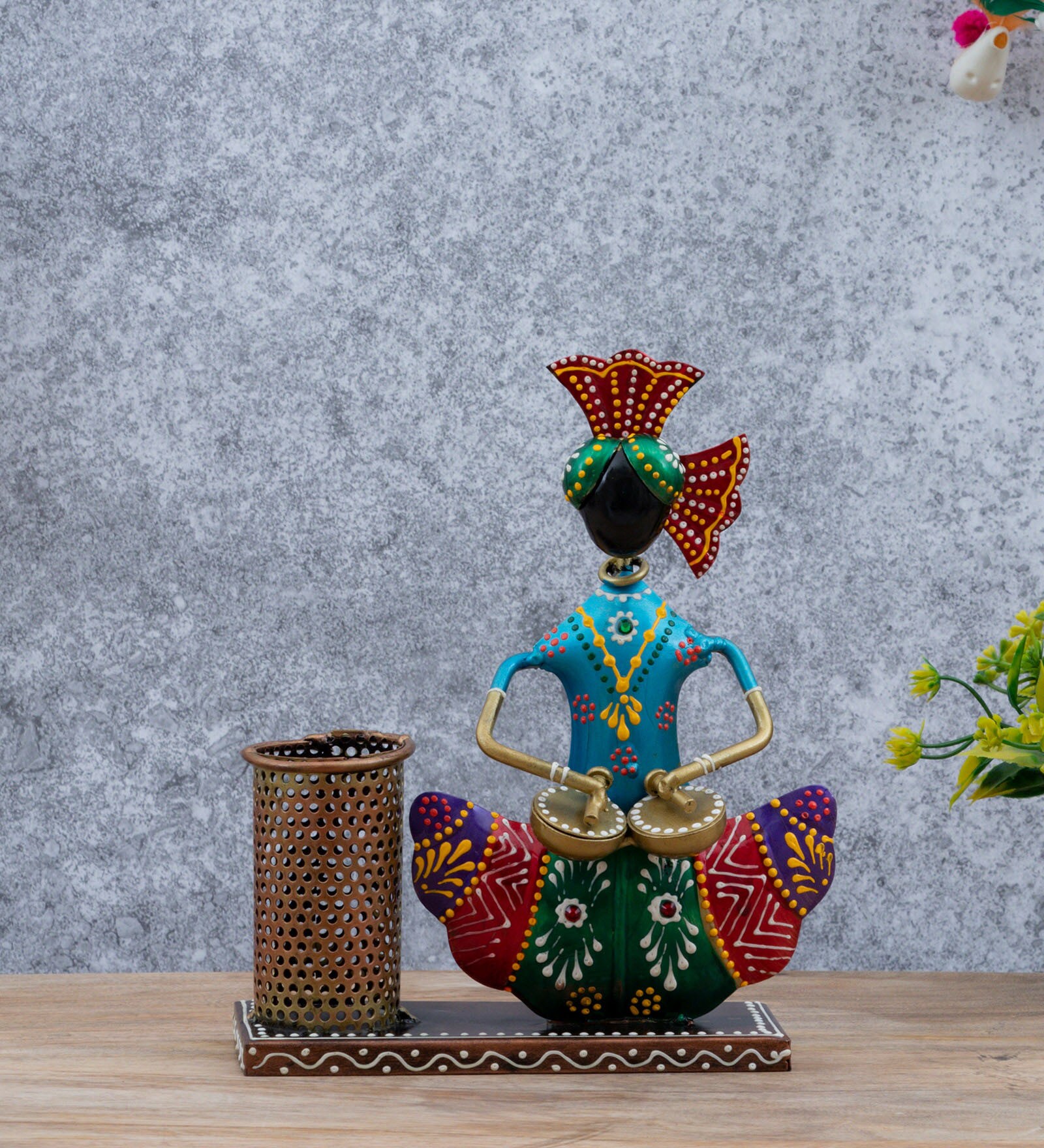 Multicolor Metal Handpainted Wall Hanging Decorative  Lady Musician Pen Stand