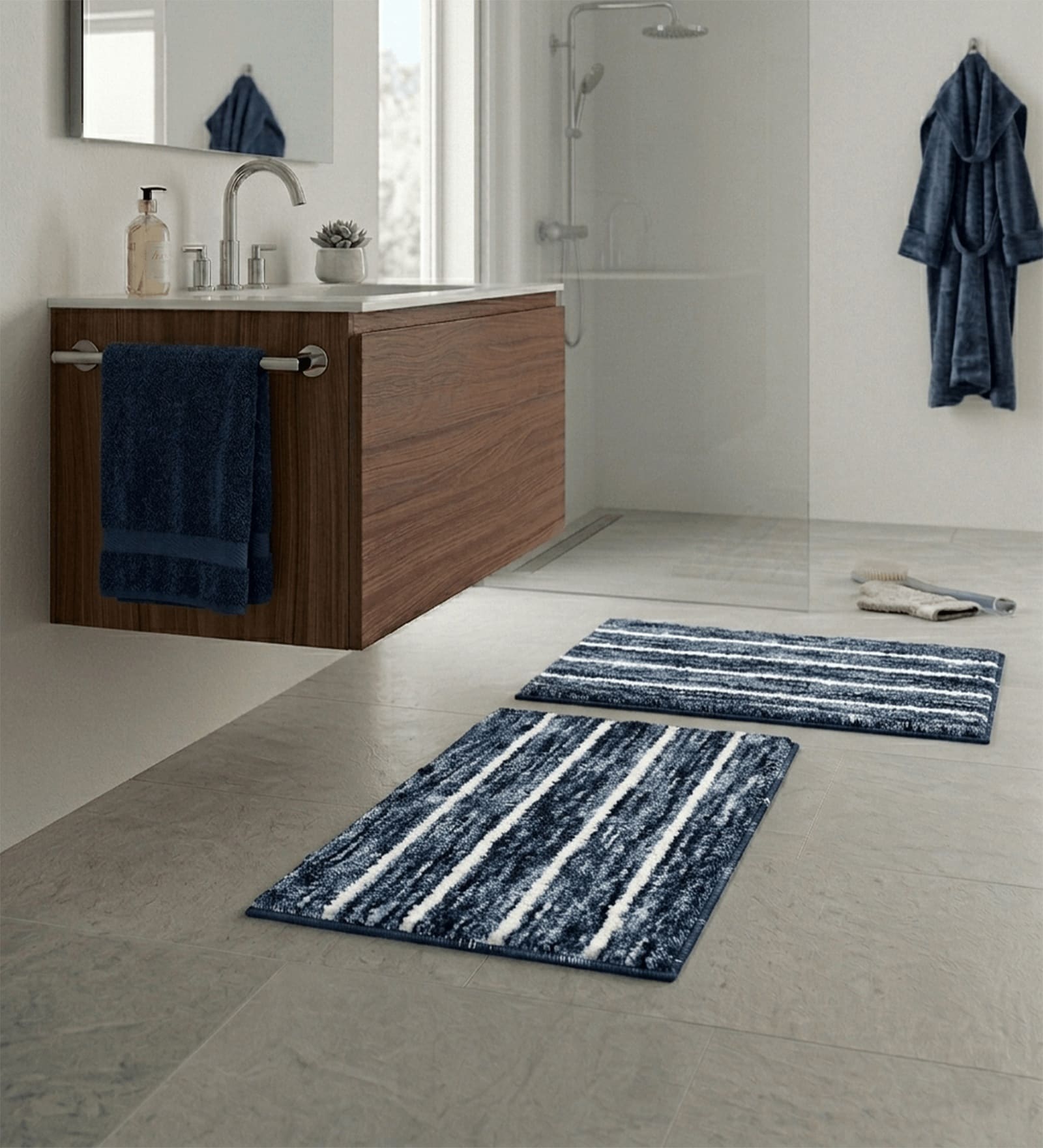 Blue Microfiber 15X23 Inches Anti-Skid Bath Mat Set Of 2