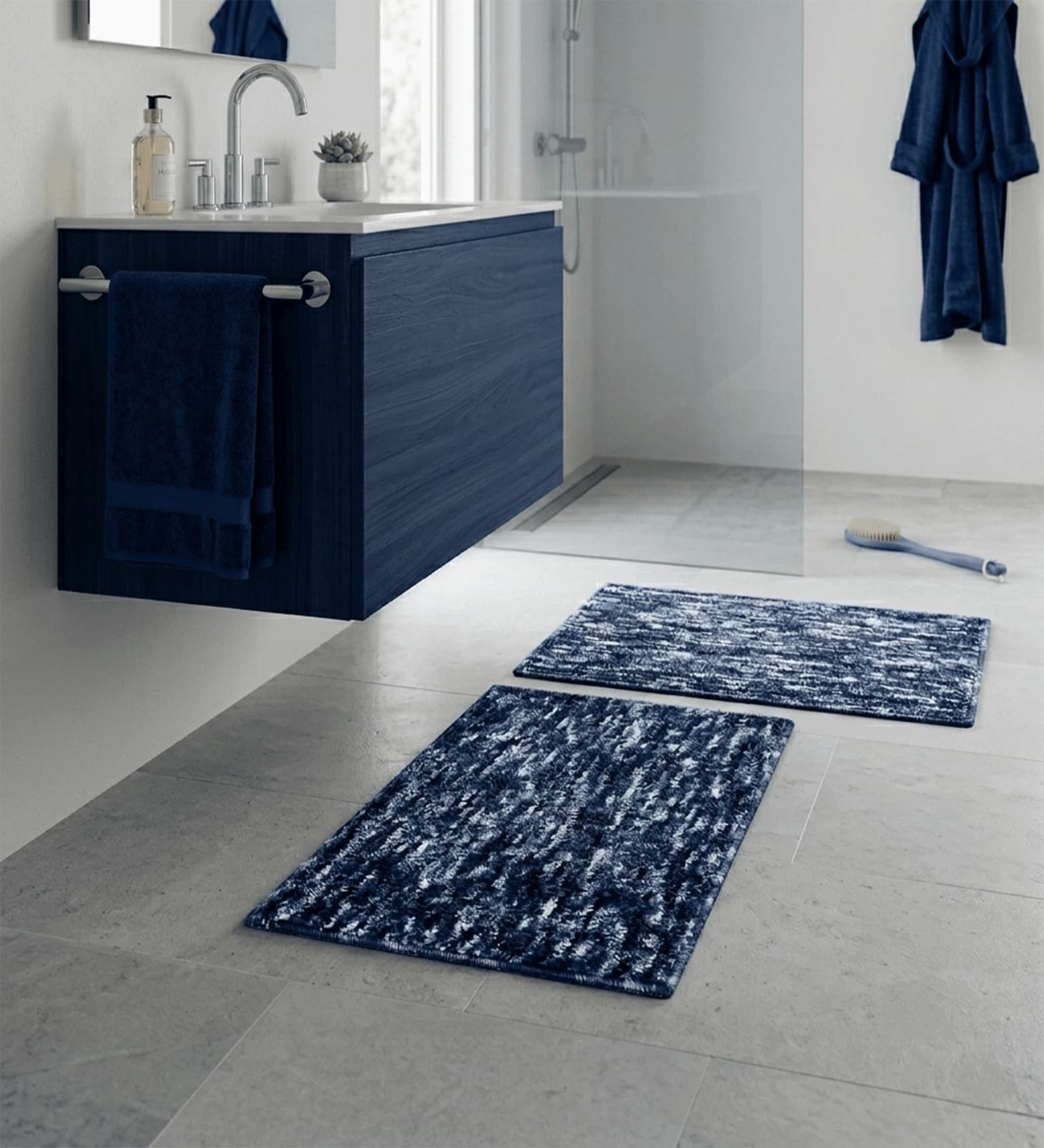 Blue Microfiber 15X23 Inches Anti-Skid Bath Mat Set Of 2