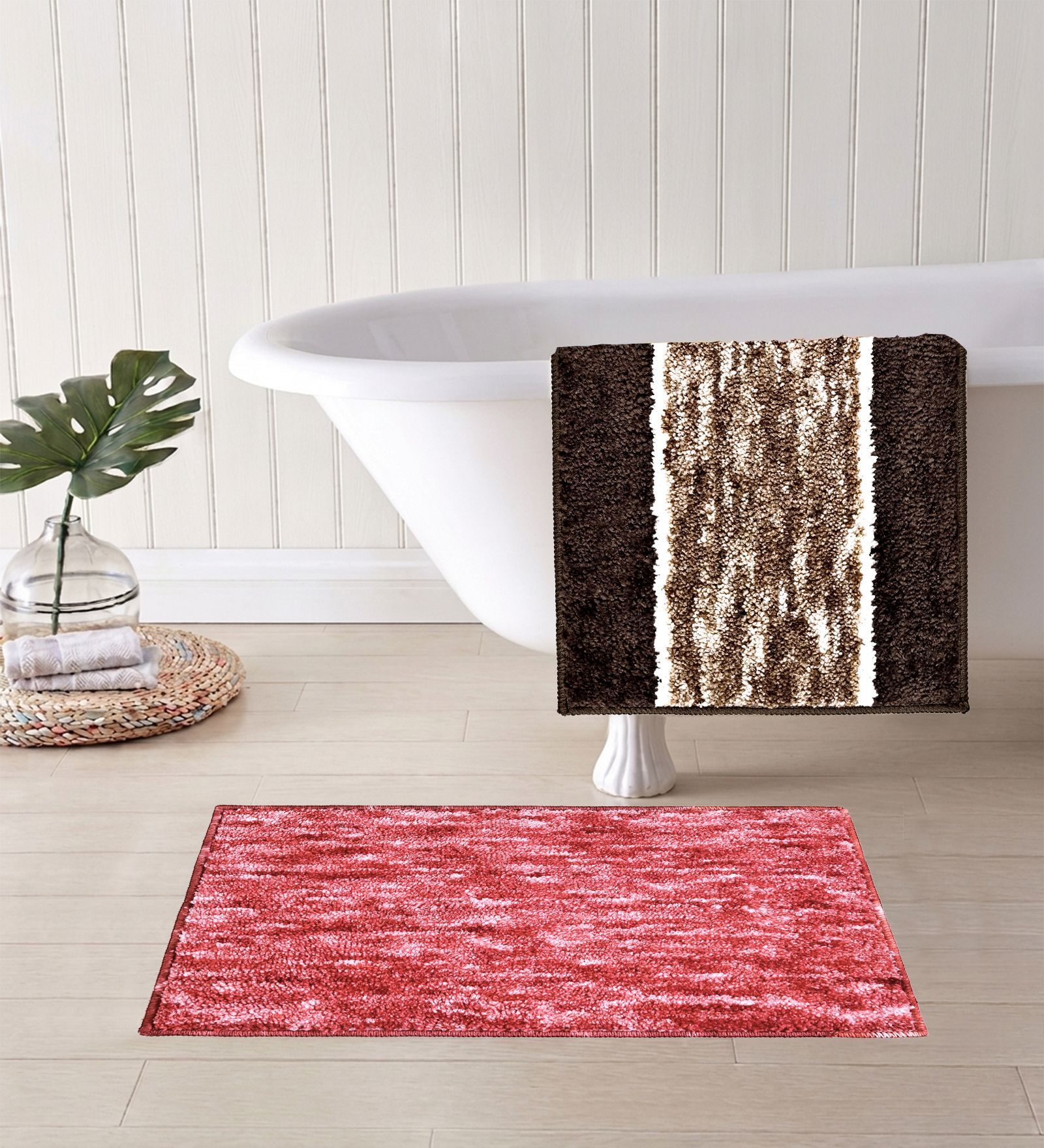 Red And Brown Microfiber 15X23 Inches Anti-Skid Bath Mat Set Of 2