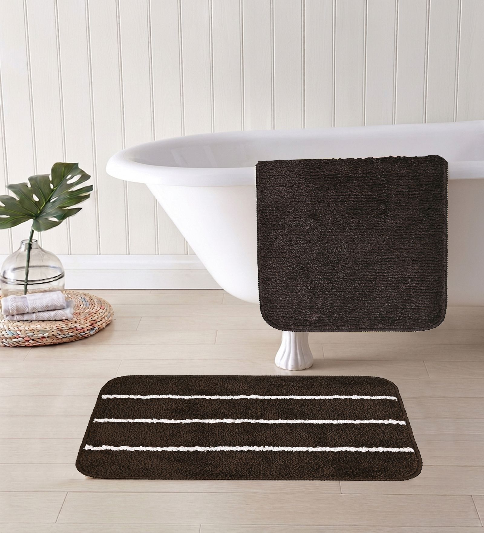Brown Microfiber 15X23 Inches Anti-Skid Bath Mat Set Of 2