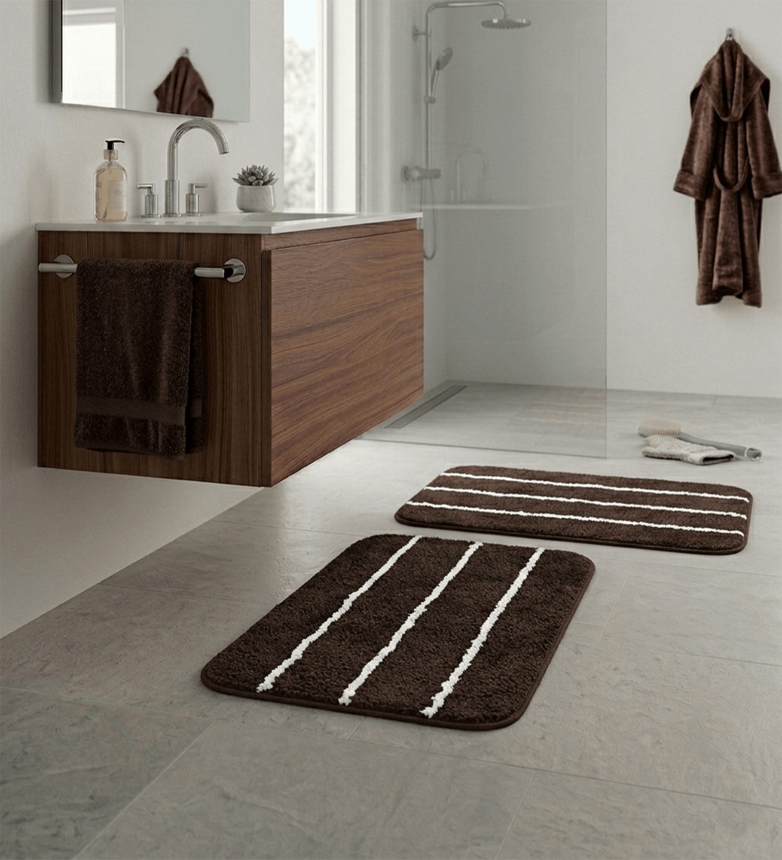 Brown Microfiber 15X23 Inches Anti-Skid Bath Mat Set Of 2