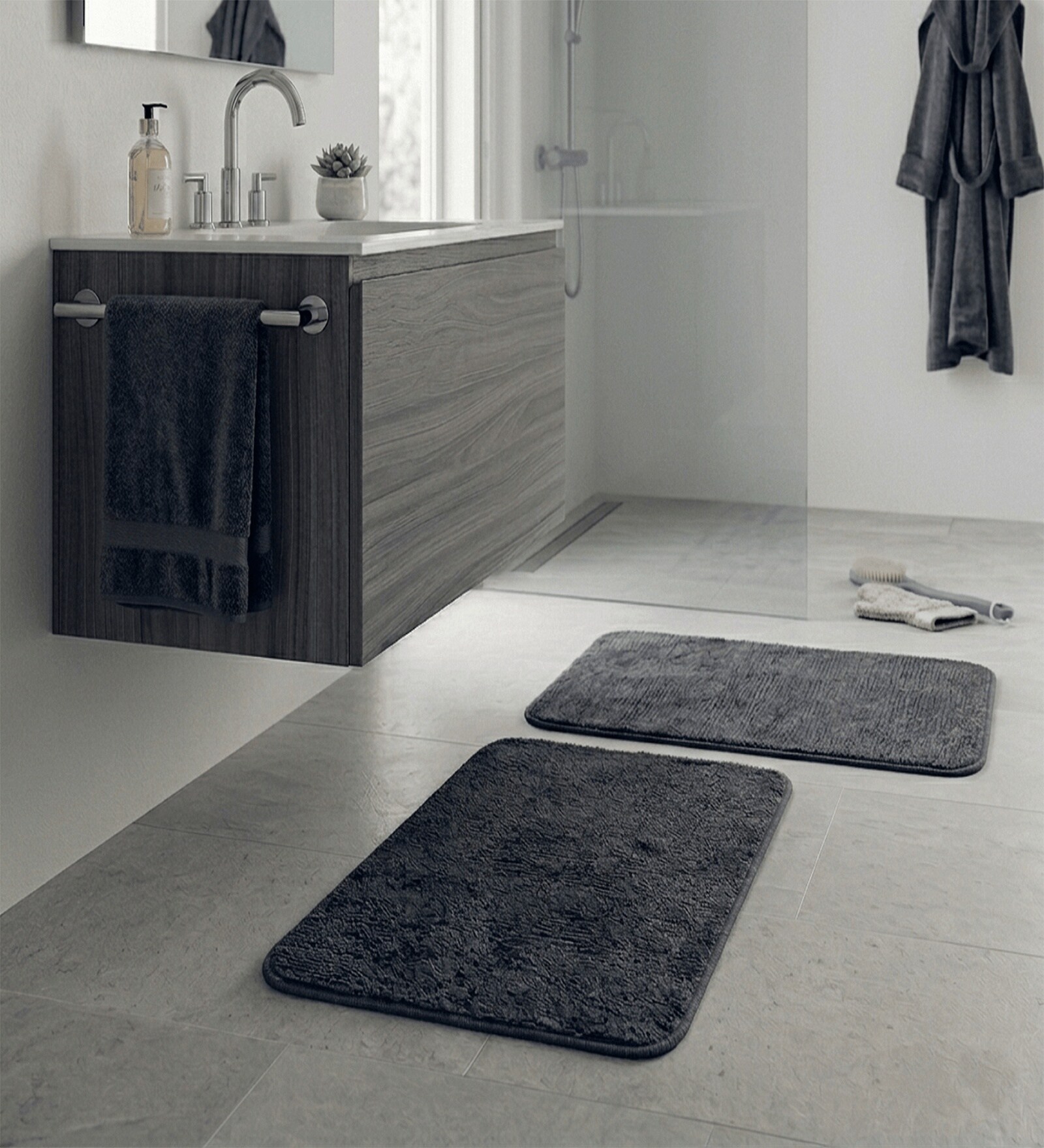 Grey Microfiber 15X23 Inches Anti-Skid Bath Mat Set Of 2