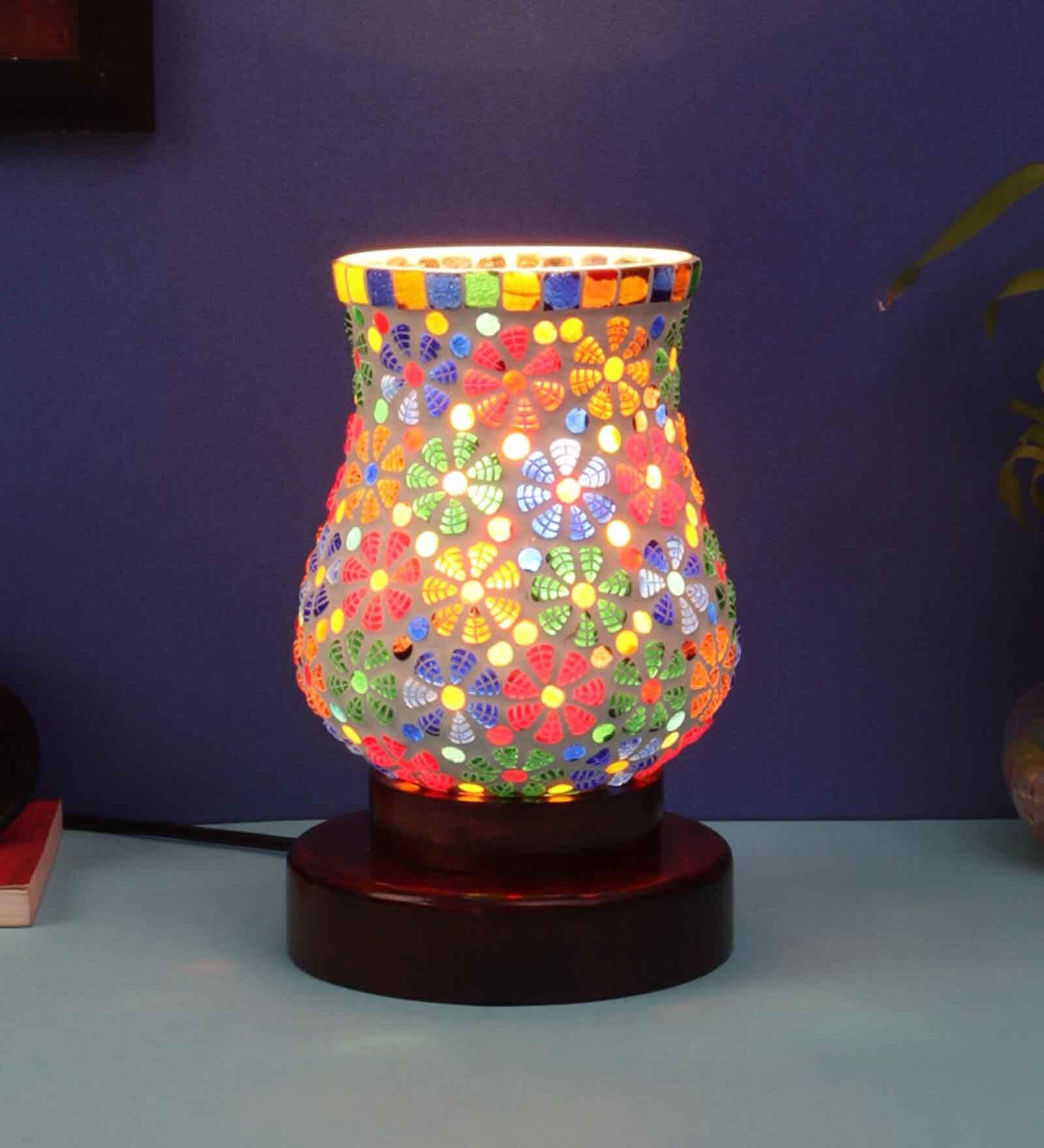 Multicolor Mosaic glass Table lamp with wood Base