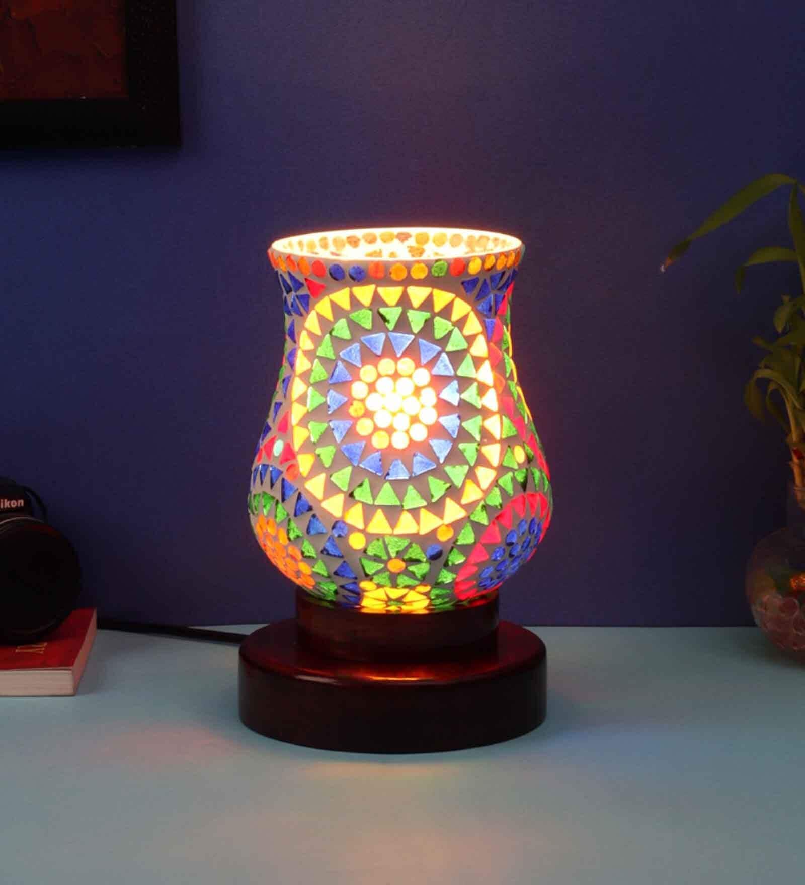 Multicolor Mosaic glass Table lamp with wood Base 