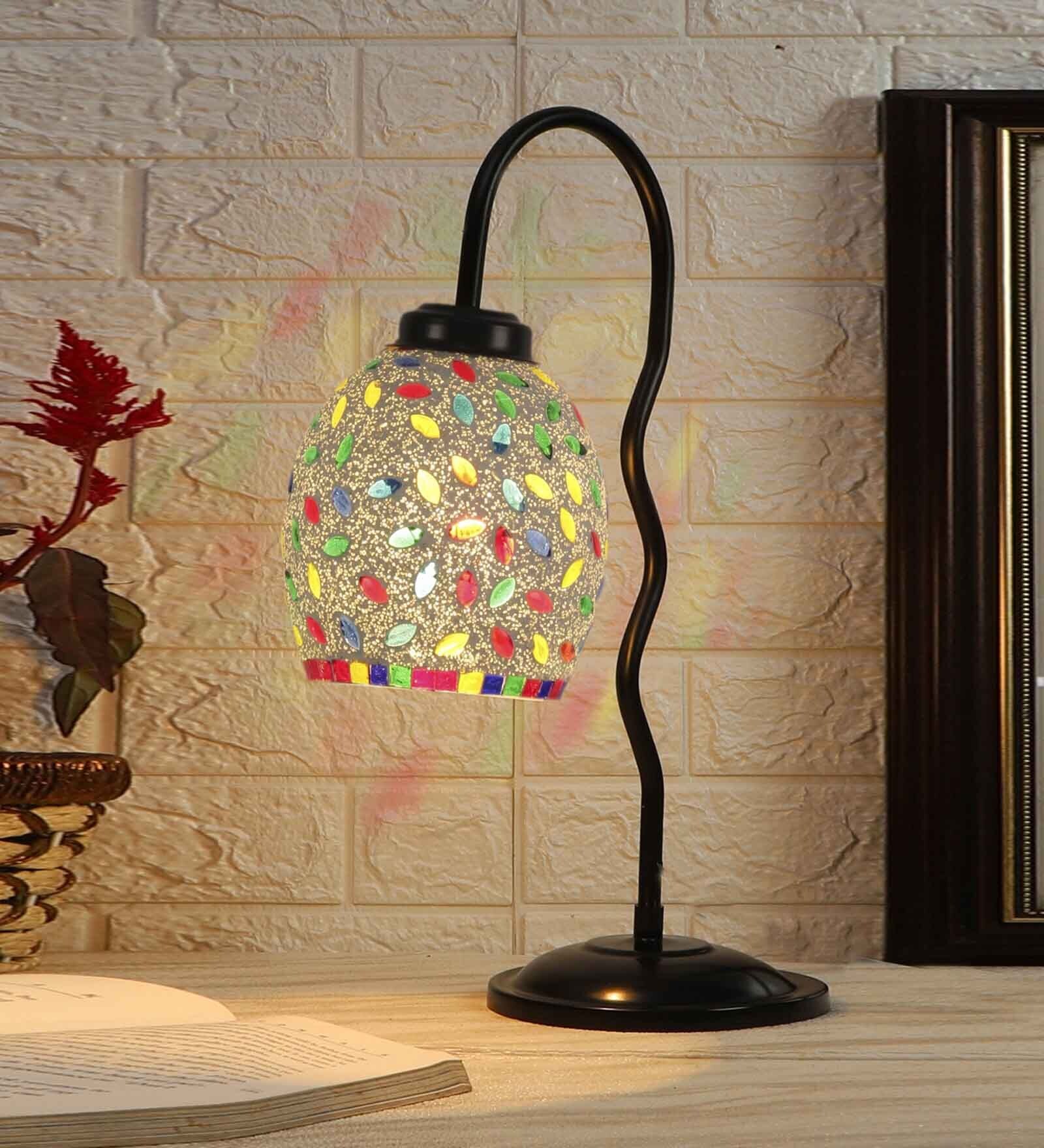 Multicolor Mosaic Glass Zig Zag Curvy Table Lamp with Iron Base