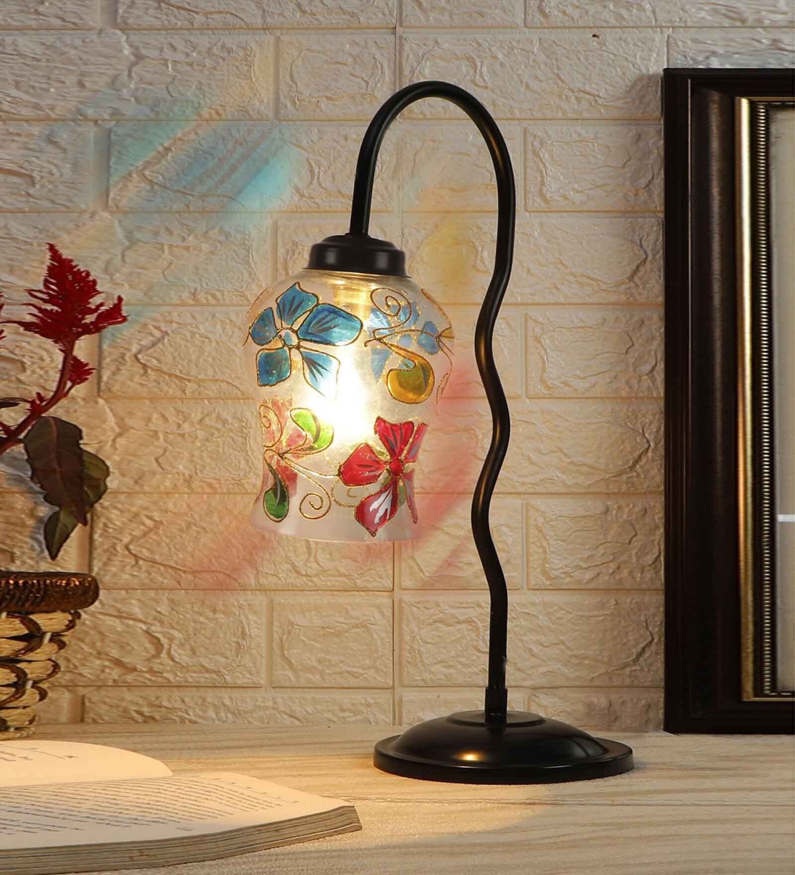 Multicolor Mosaic Glass Zig Zag Curvy Table Lamp with Iron Base