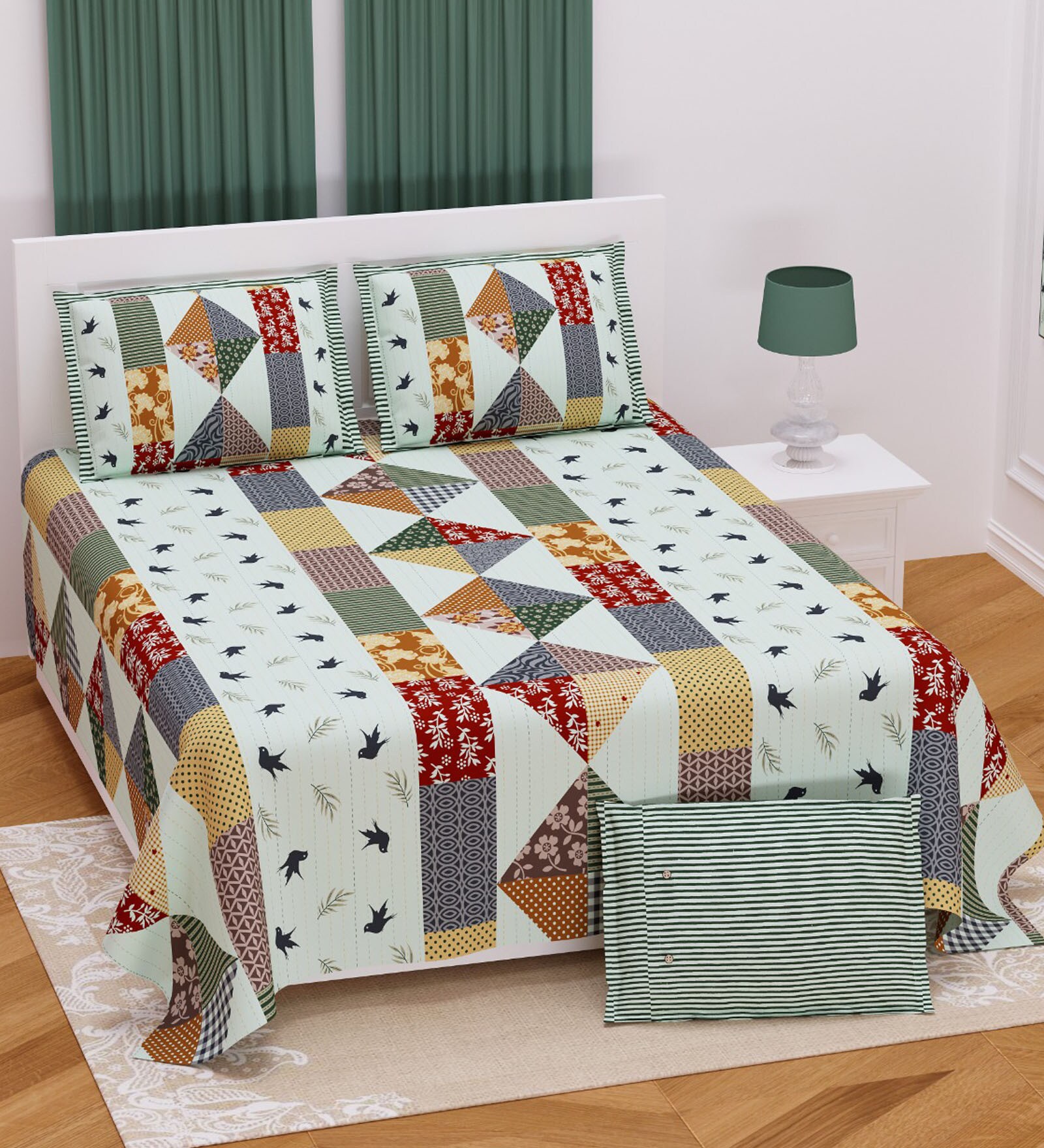 Multicolor Geometric 210 TC Cotton King Sized Bed Sheets with 2 Pillow Covers