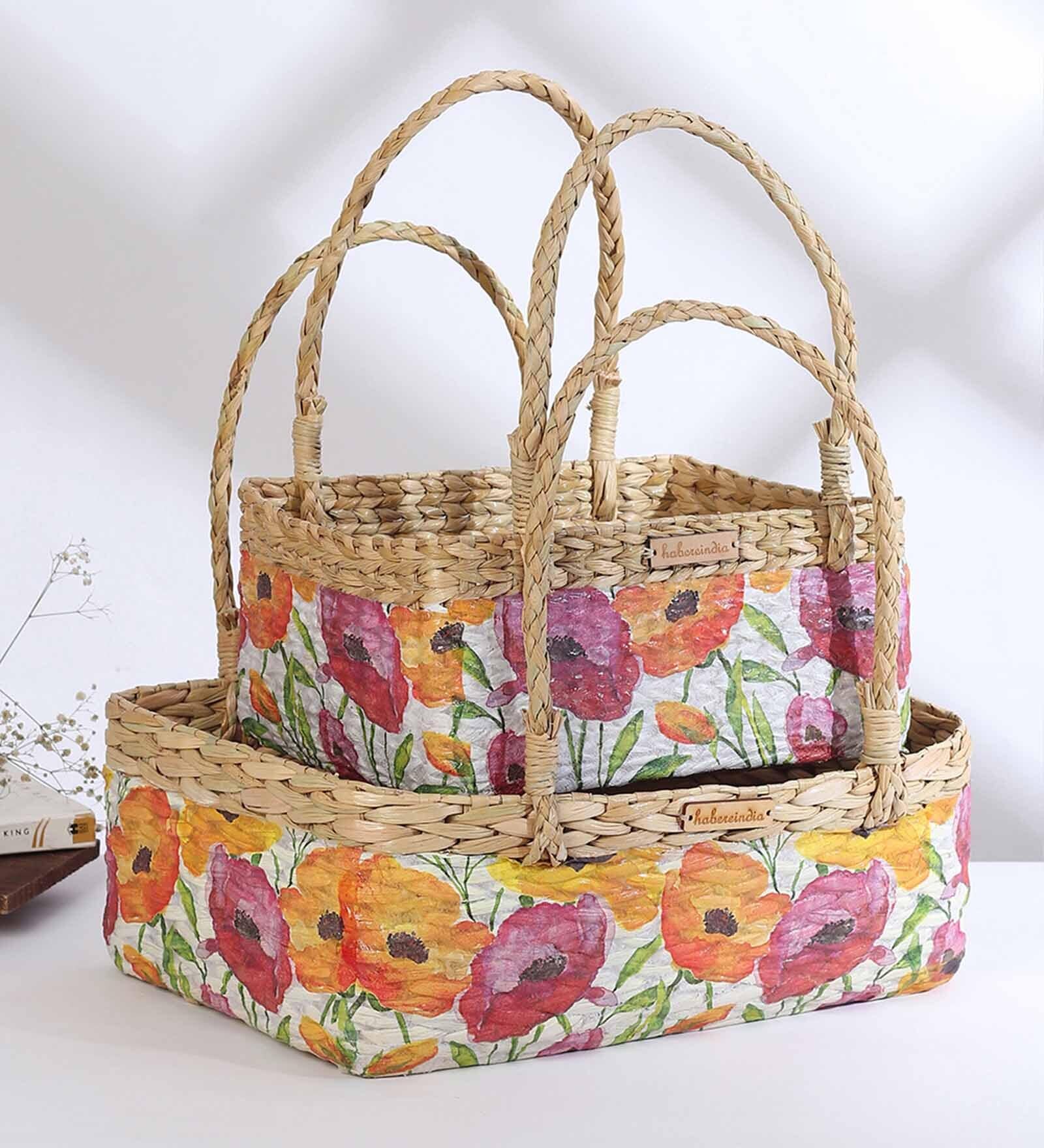 Multicolor Natural Fibre Set of 2 Baskets