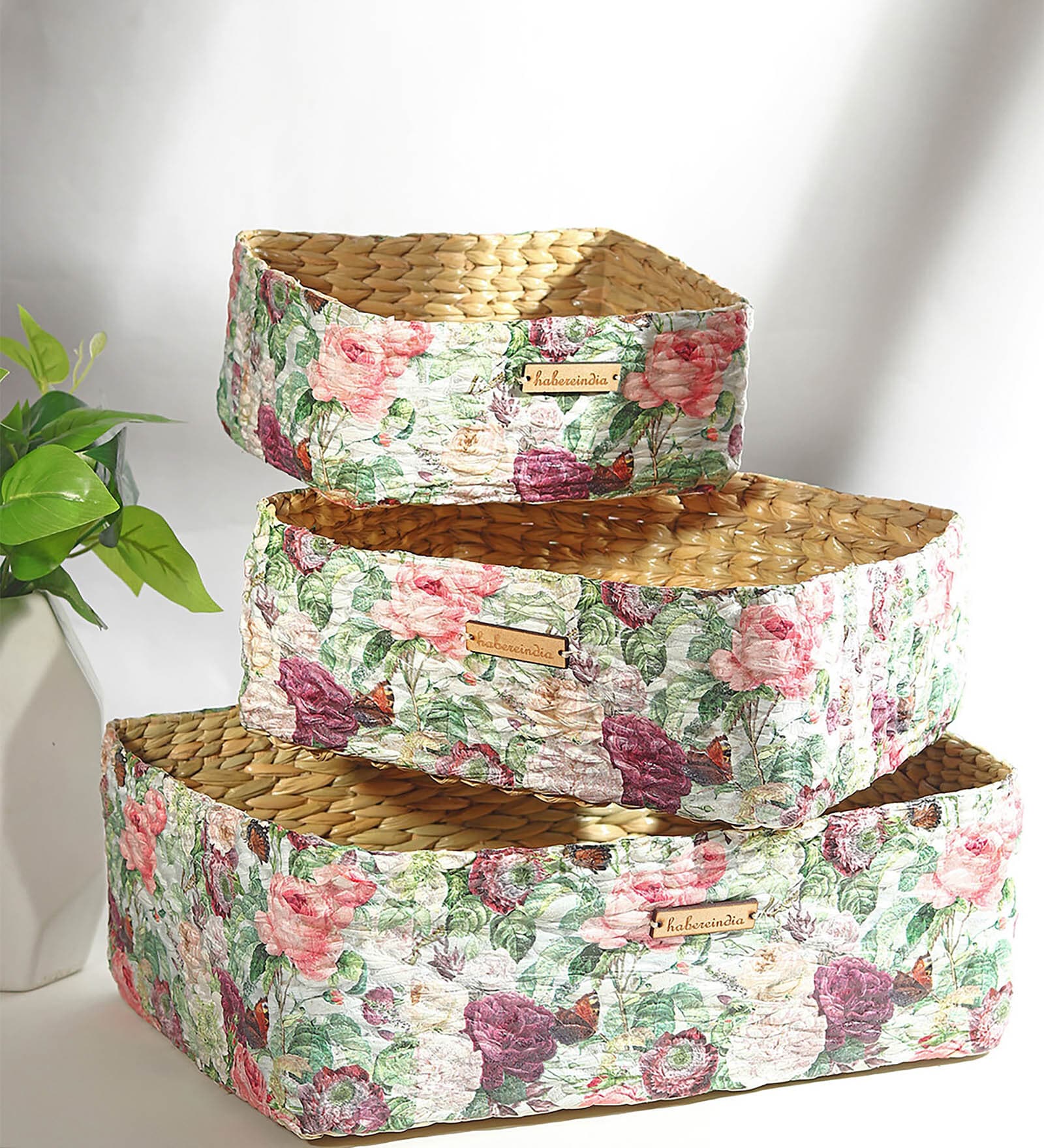 Multicolor Natural Fibre Set of 3 Organiser Tray and Storage Basket