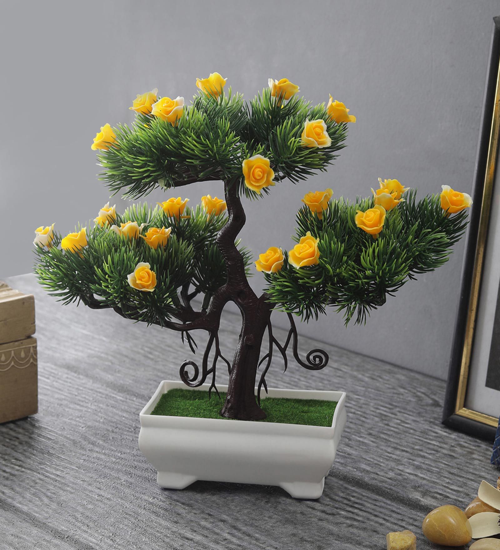 Green Bushy Leaves & Yellow Roses Plastic 3 Headed Bonsai Tree with Pot