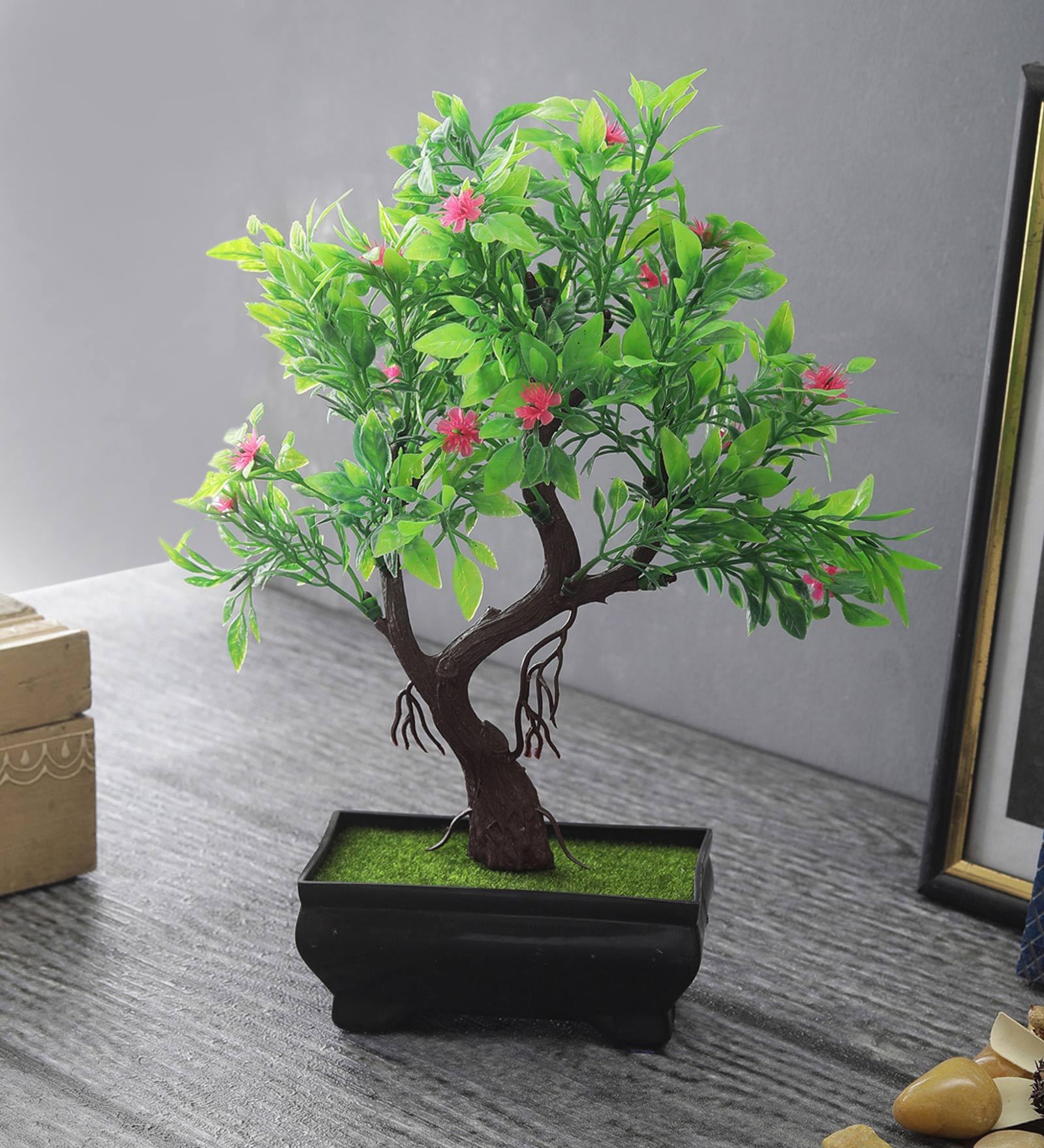 Pink Flowers Artificial Plastic Bonsai Tree with Pot