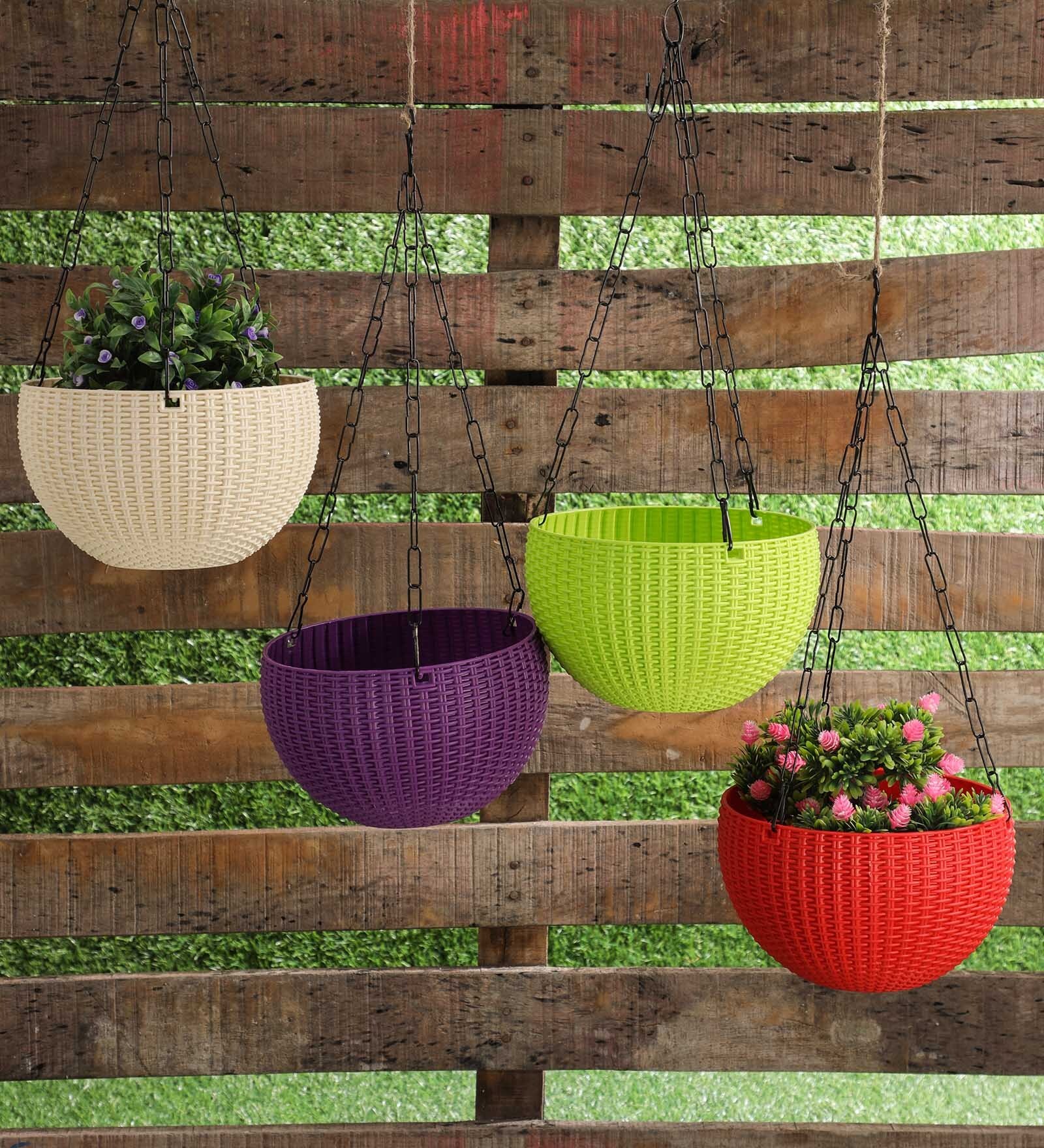 Multicolor Plastic Garden Essential Hanging Planter with Elegant Wicker Design with Chain 8 Inch