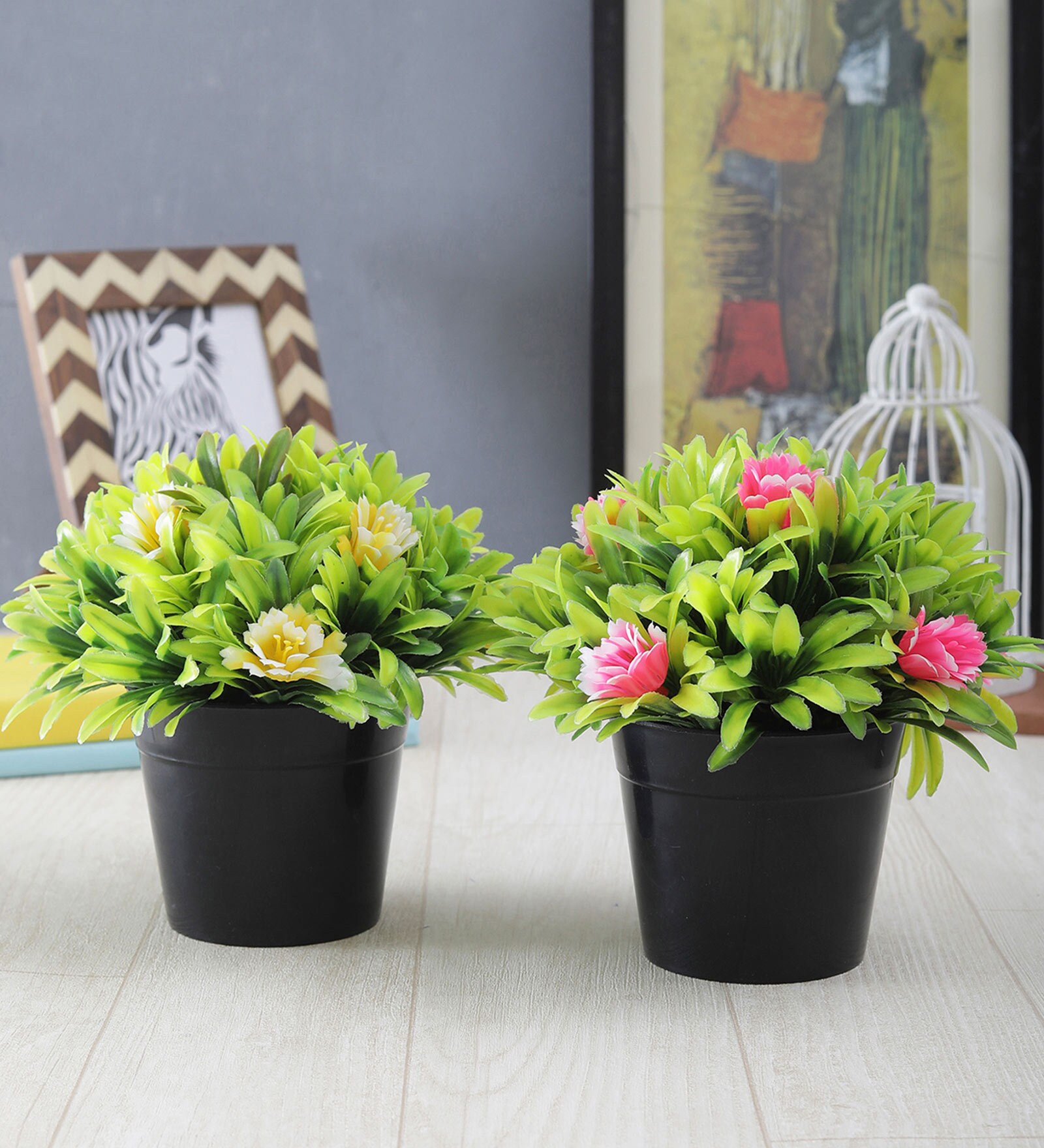 Buy Red And Yellow Artificial Flower Plant with Pot, Set Of 2 By