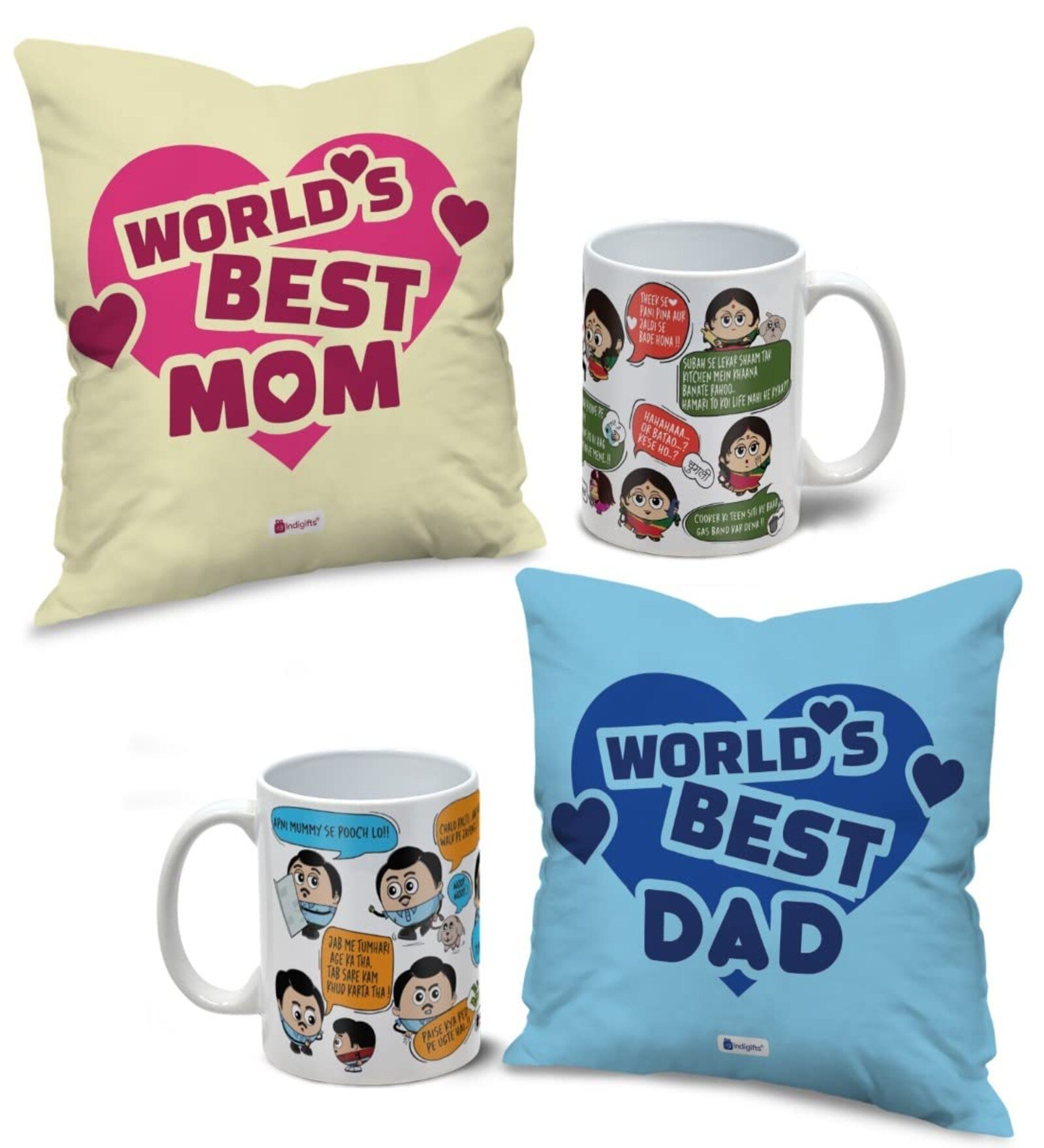Multicolor Cushion and Mugs Gift Set for Worlds Best Parents