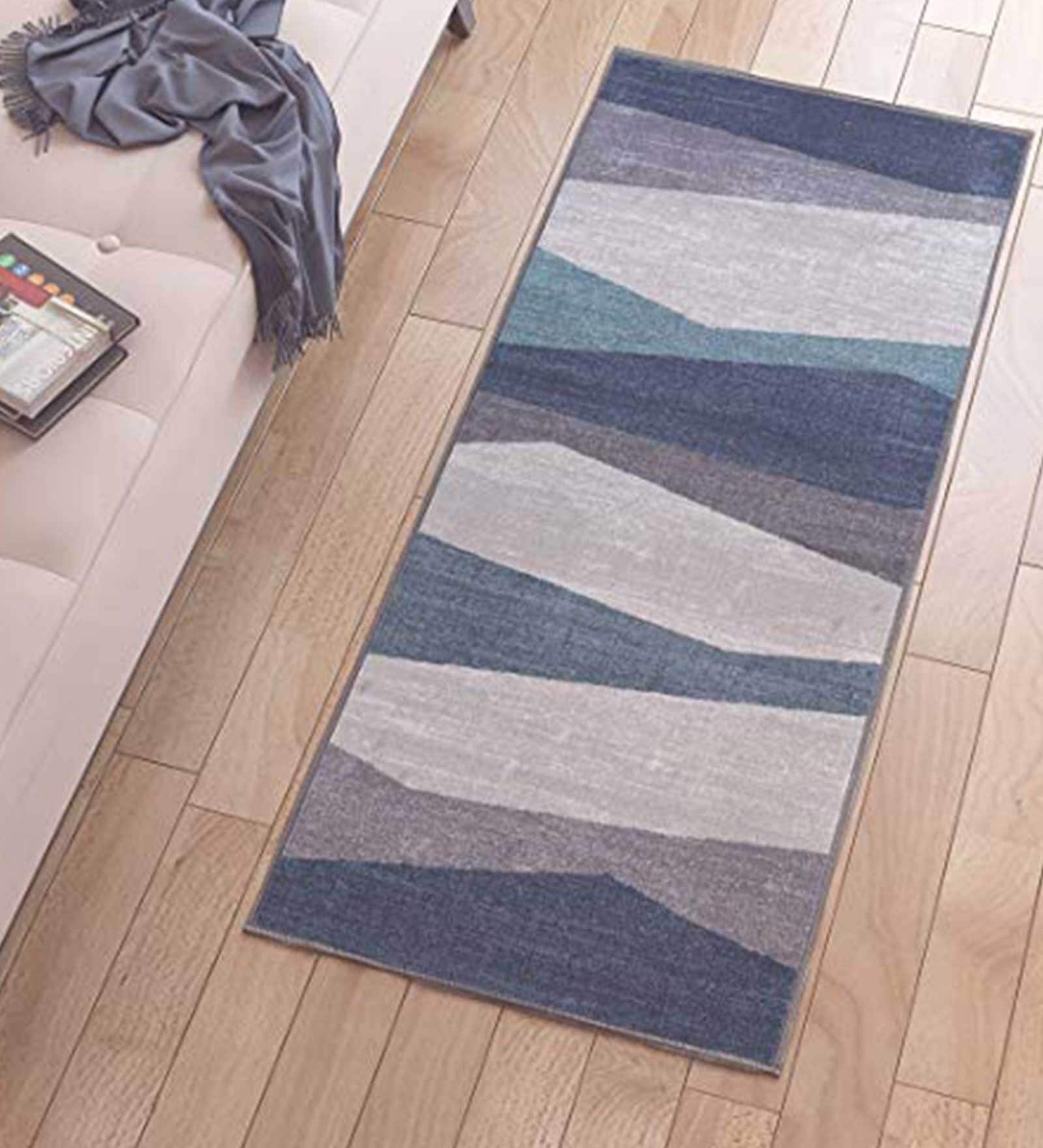Blue Abstract Polyester 3 ft x 5 ft Machine Made Carpet