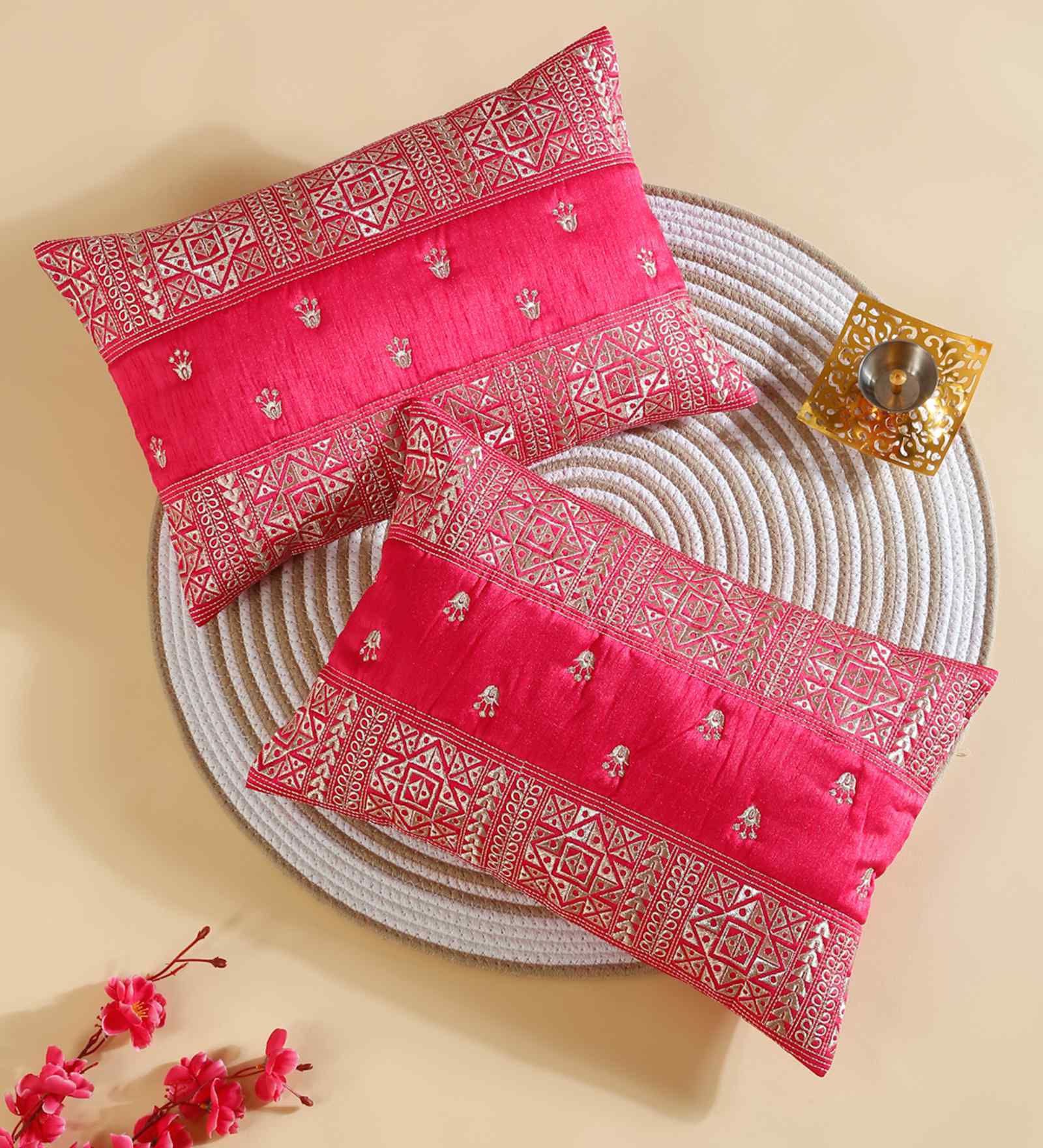 Pink Polyester Abstract 12X18 Inches Cushion Covers (Pack of 2)