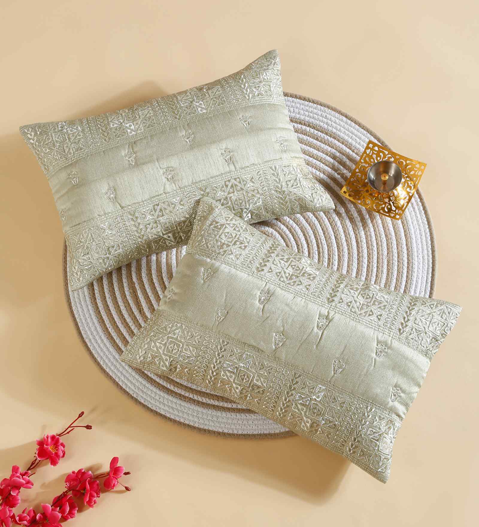 Silver Polyester Abstract 12X18 Inches Cushion Covers (Pack of 2)