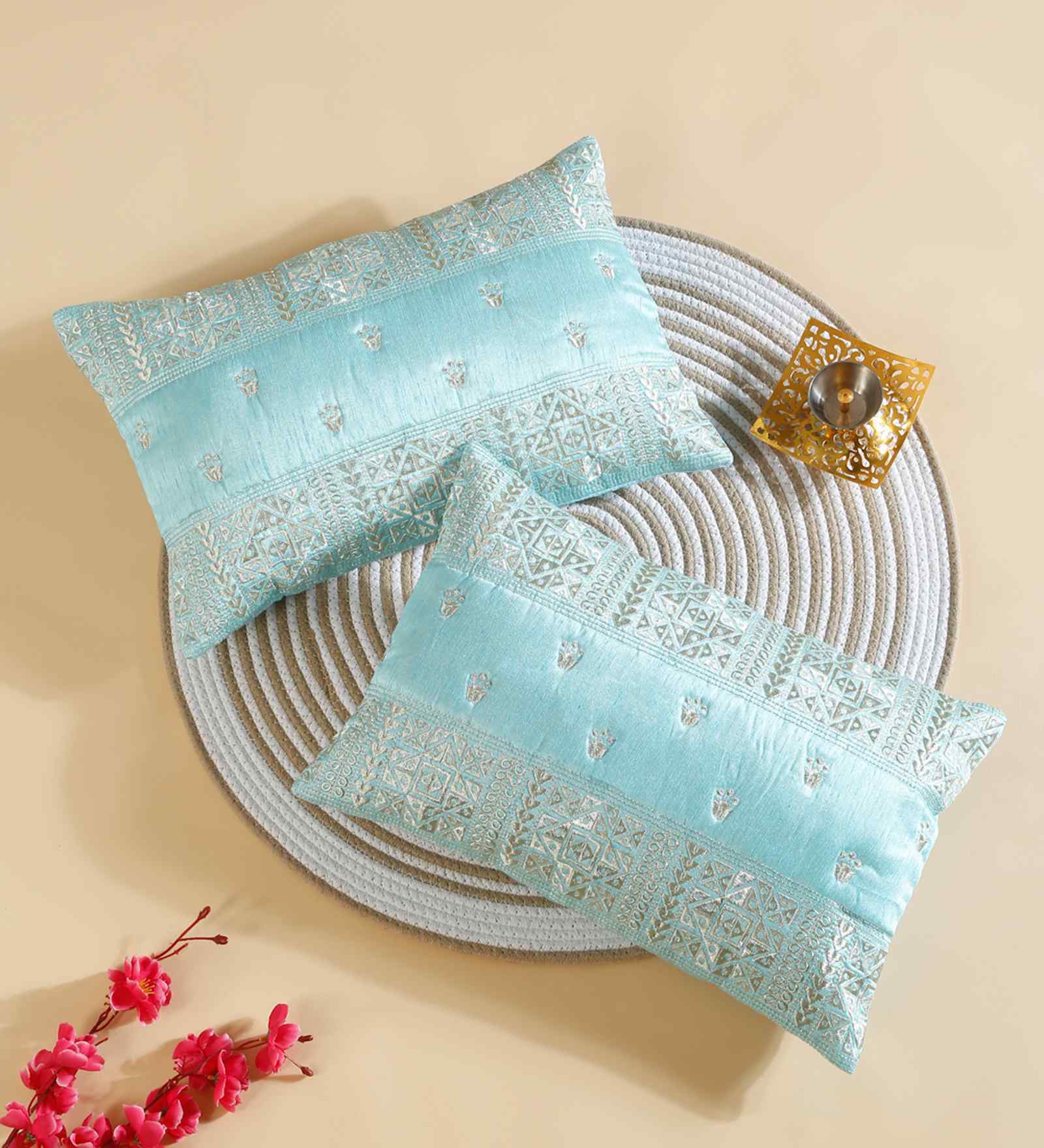 Blue Polyester Abstract 12X18 Inches Cushion Covers (Pack of 2)